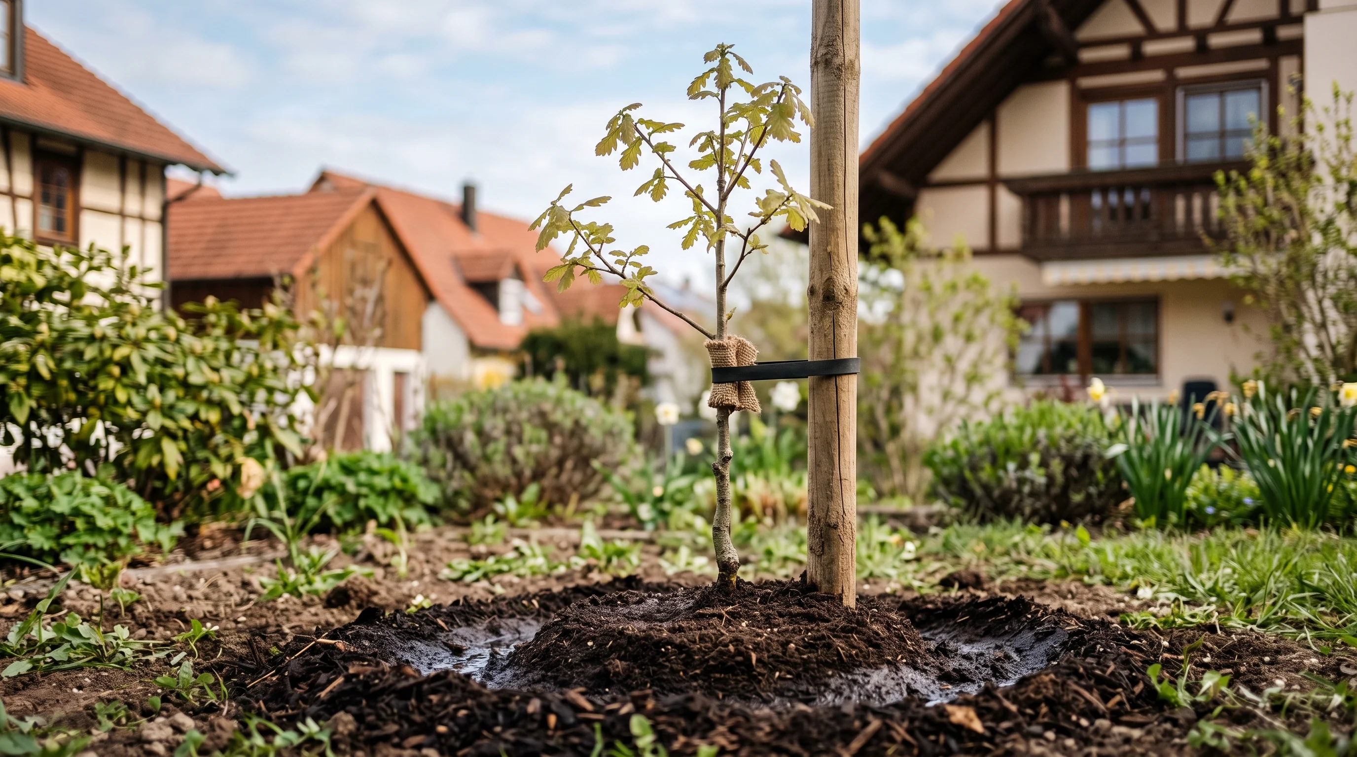 Frisch gepflanzter junger Baum mit Stützpfahl in aufgewühlter Erde als Ersatz nach der Fällung eines alten Baumes