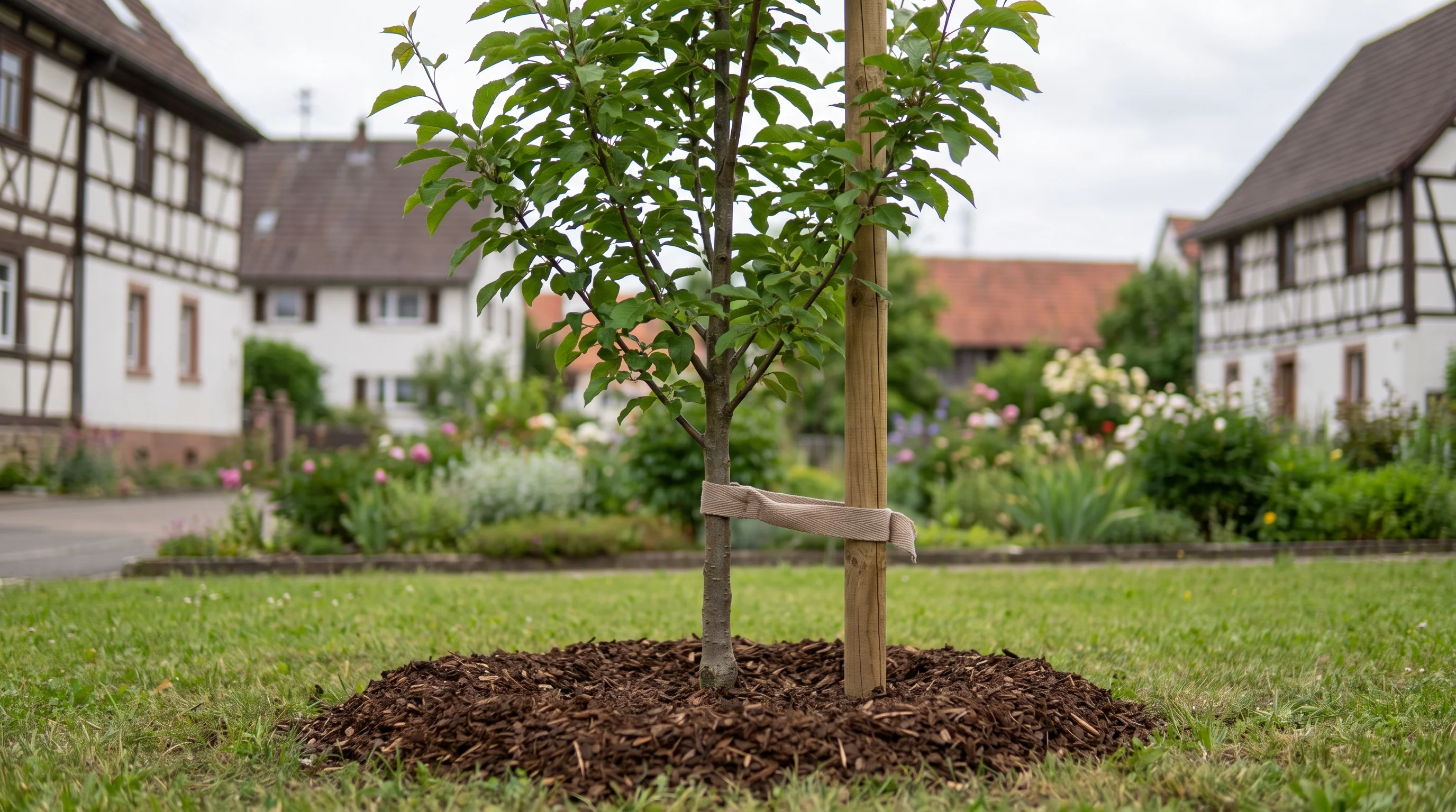 Anwachspflege neugepflanzter Baum – junger Hochstämmer mit Mulchscheibe in einem Garten in Ulm