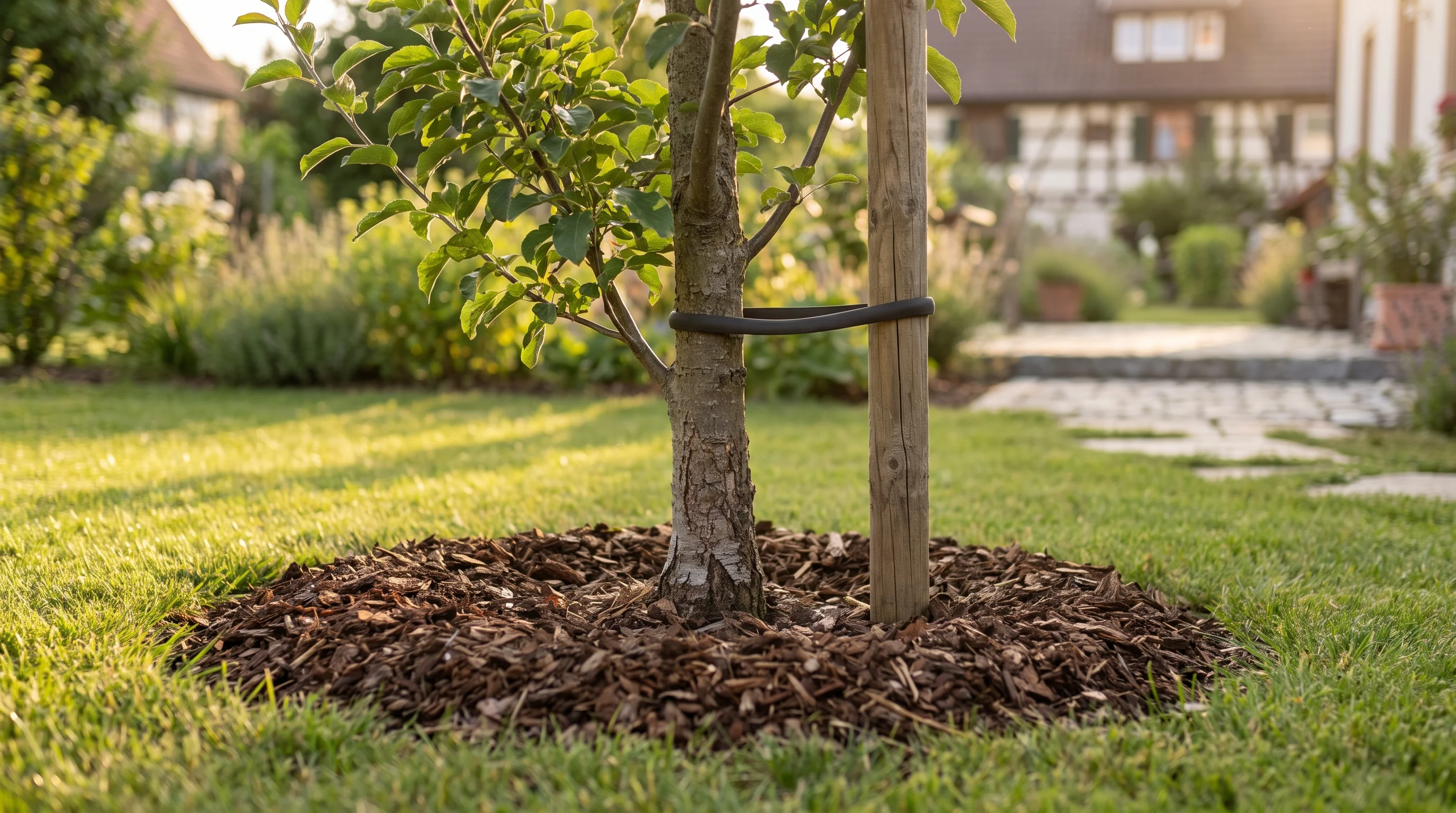 Anwachspflege neugepflanzter Baum – junger Laubbaum mit Mulchscheibe und Stützpfahl in einem süddeutschen Garten