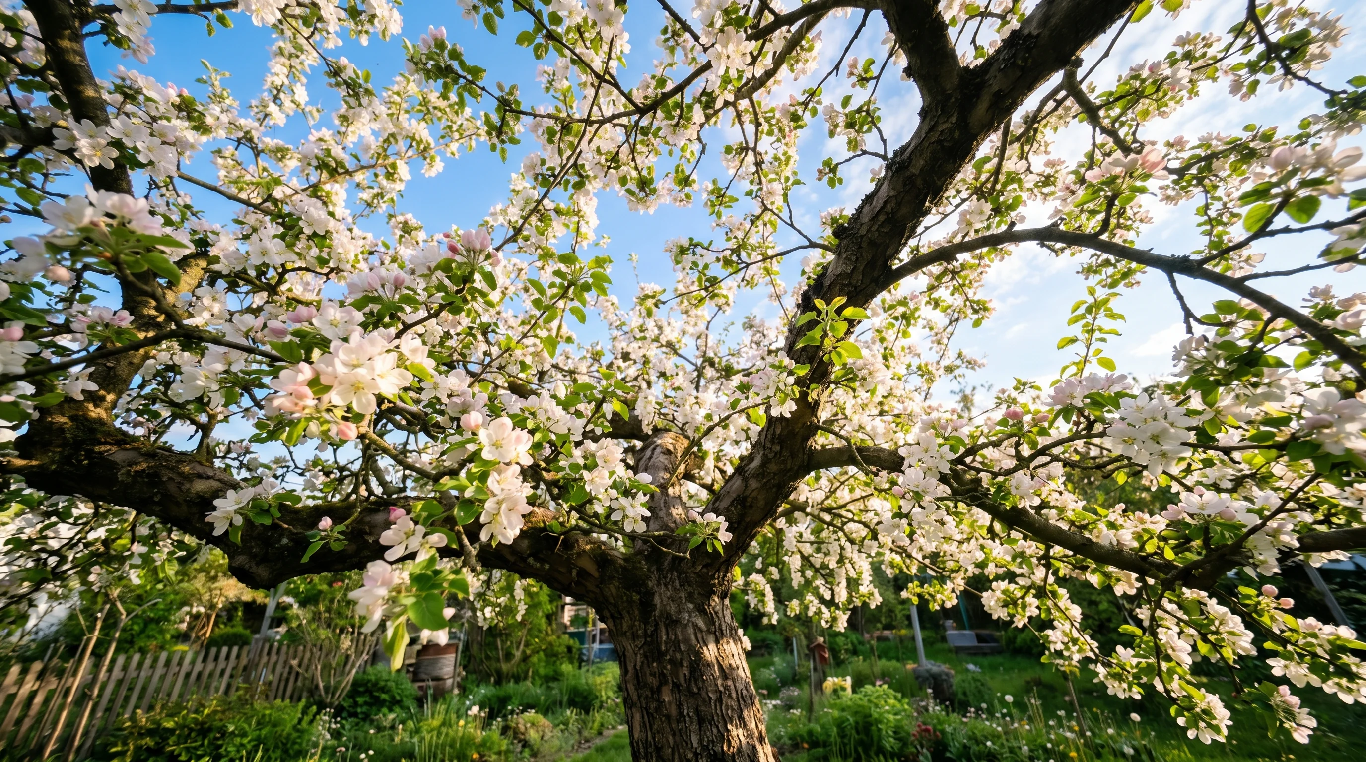Apfelbaum in voller Frühlingsblüte von unten fotografiert — professioneller Obstbaumschnitt in Ulm und der Region