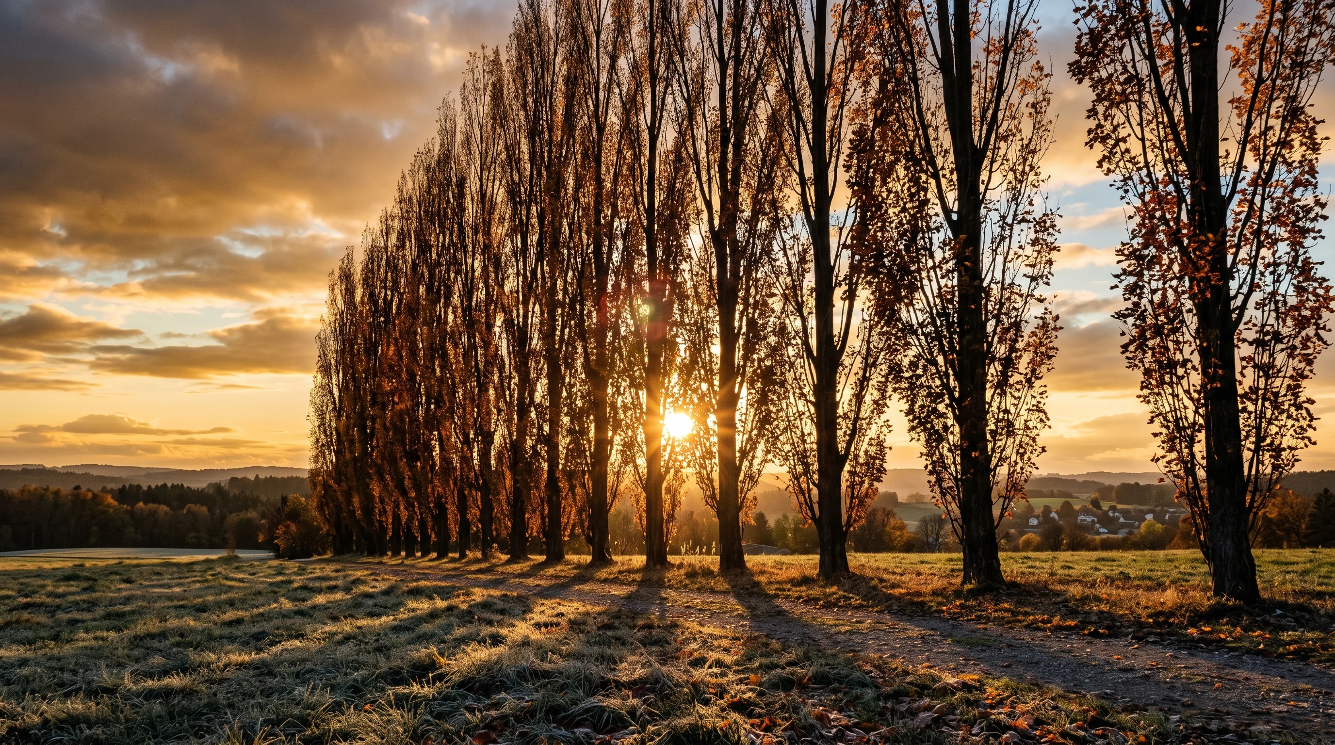 Bäume als Sichtschutz im fertigen Zustand — geschlossene Baumreihe entlang einer Gartengrenze im Abendlicht