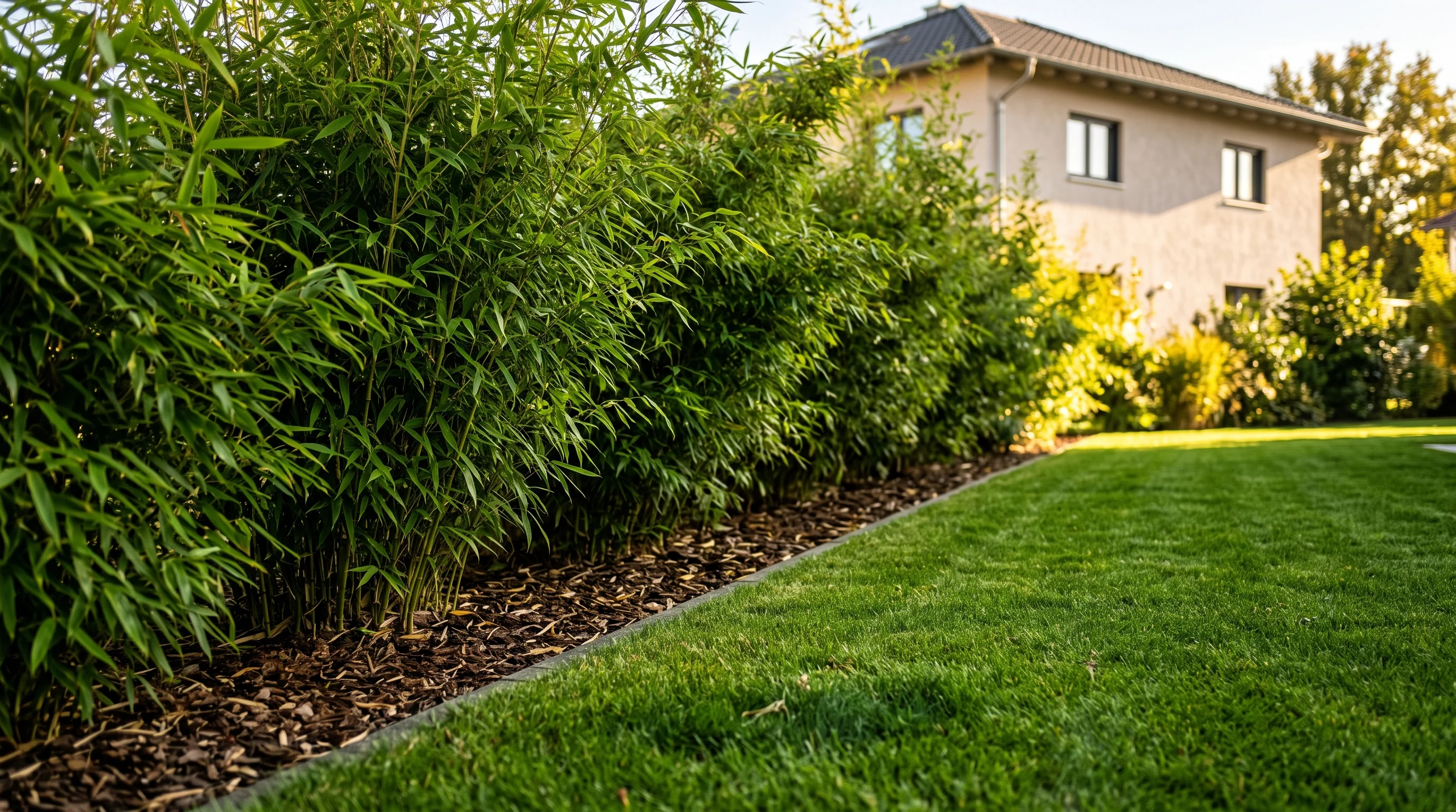 Gepflegtes Gartenbeet mit sauberer Wuchsgrenze vor einem dichten Bambushain in einem süddeutschen Garten