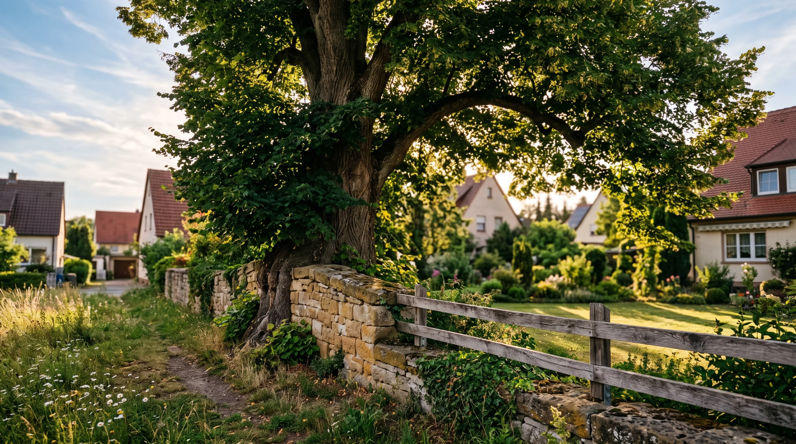 Baum an Grundstücksgrenze fällen: alter Laubbaum direkt neben einer Grundstücksmauer in Süddeutschland