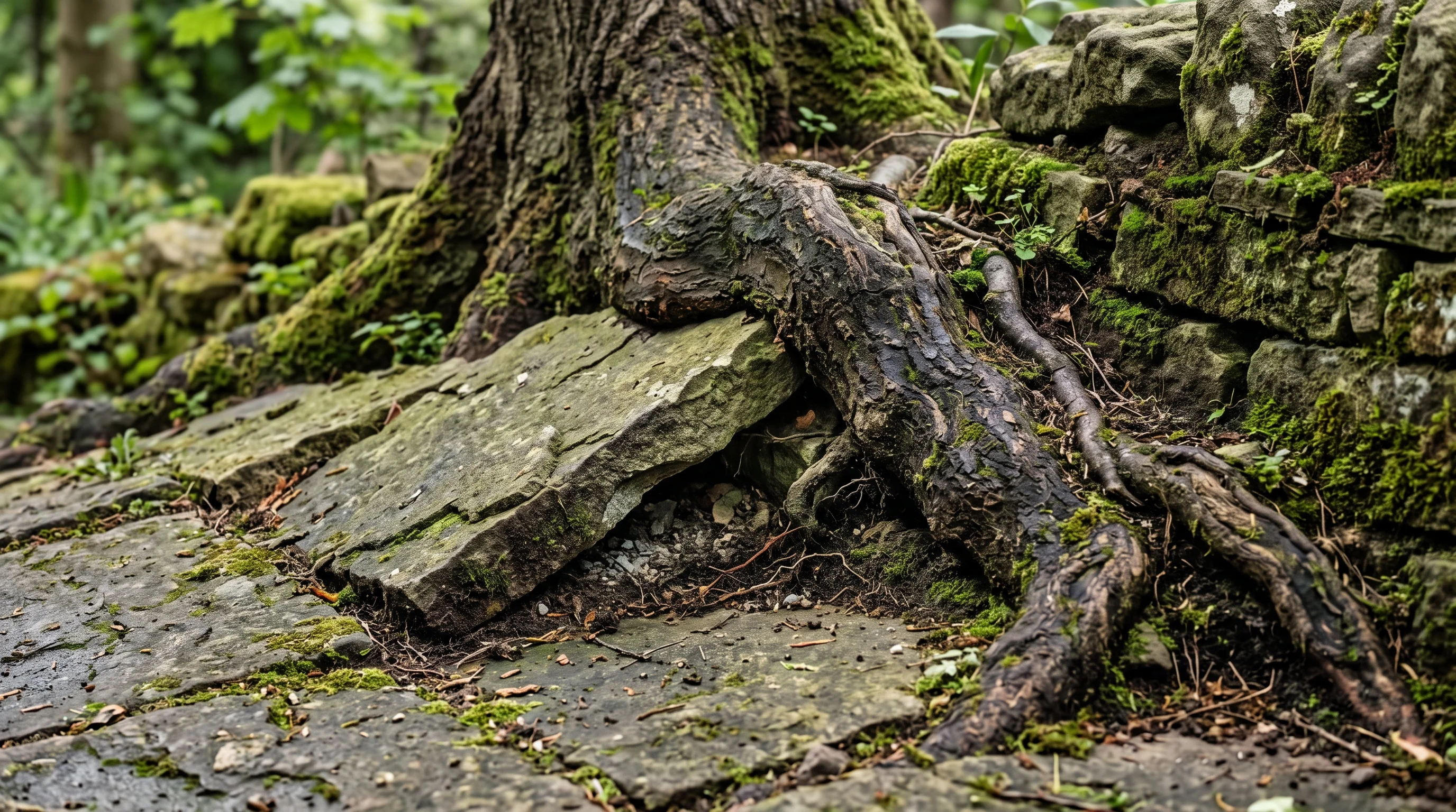 Baum an Grundstücksgrenze fällen: Detailaufnahme von Wurzelanläufen an einer Gartenmauer