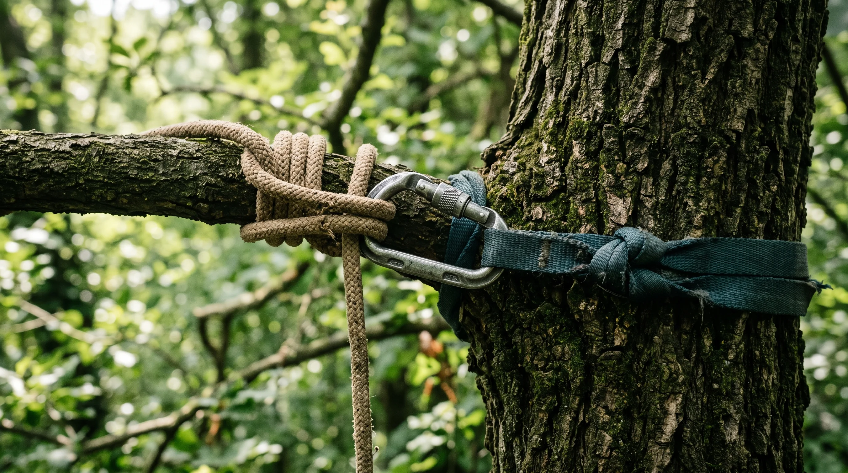 Nahaufnahme einer Seilsicherung an einem Ast beim Baum im beengten Garten fällen