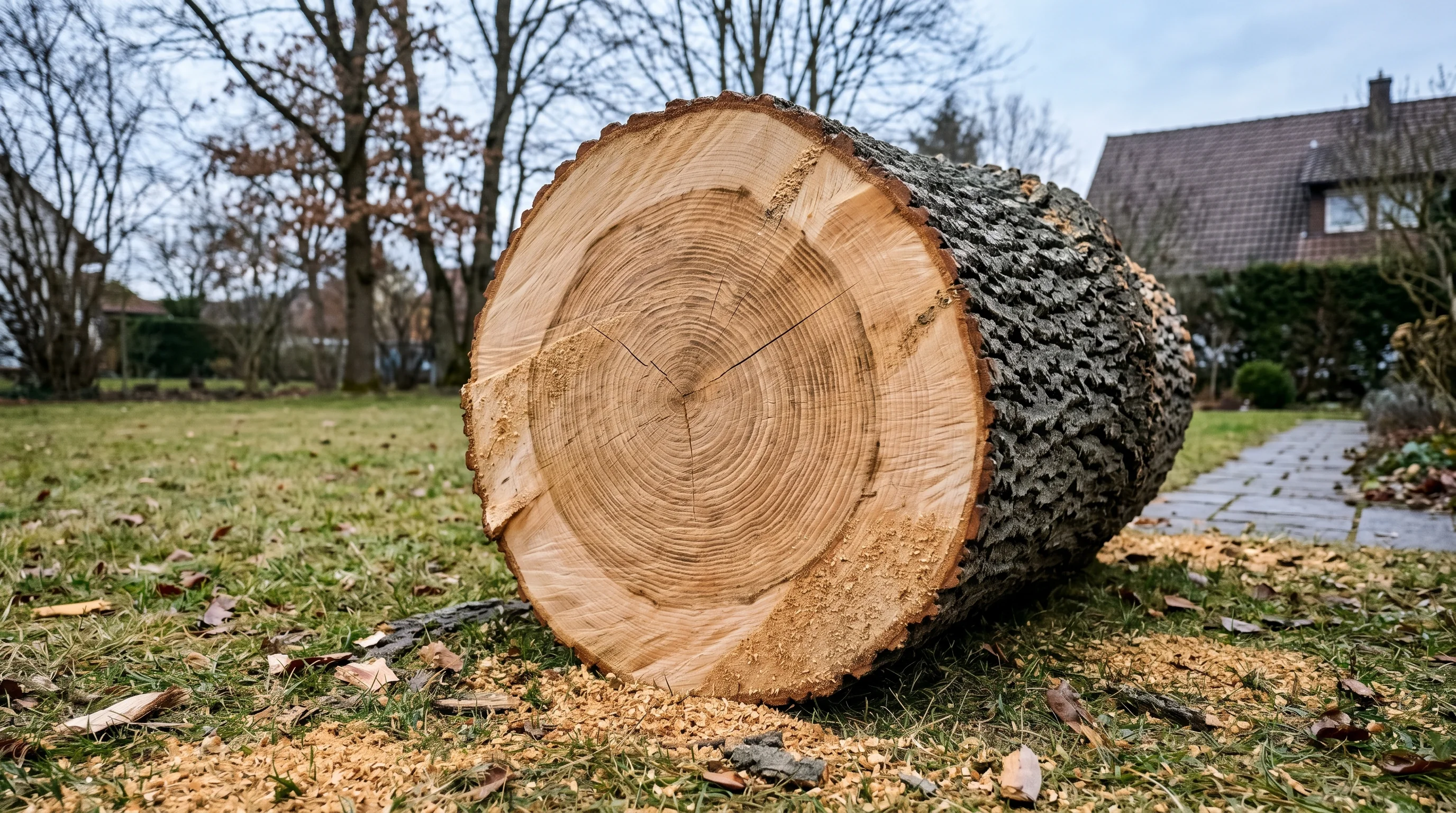 Baum fällen – großer Baumstamm mit frischer Schnittfläche und sichtbaren Jahresringen liegt im Garten