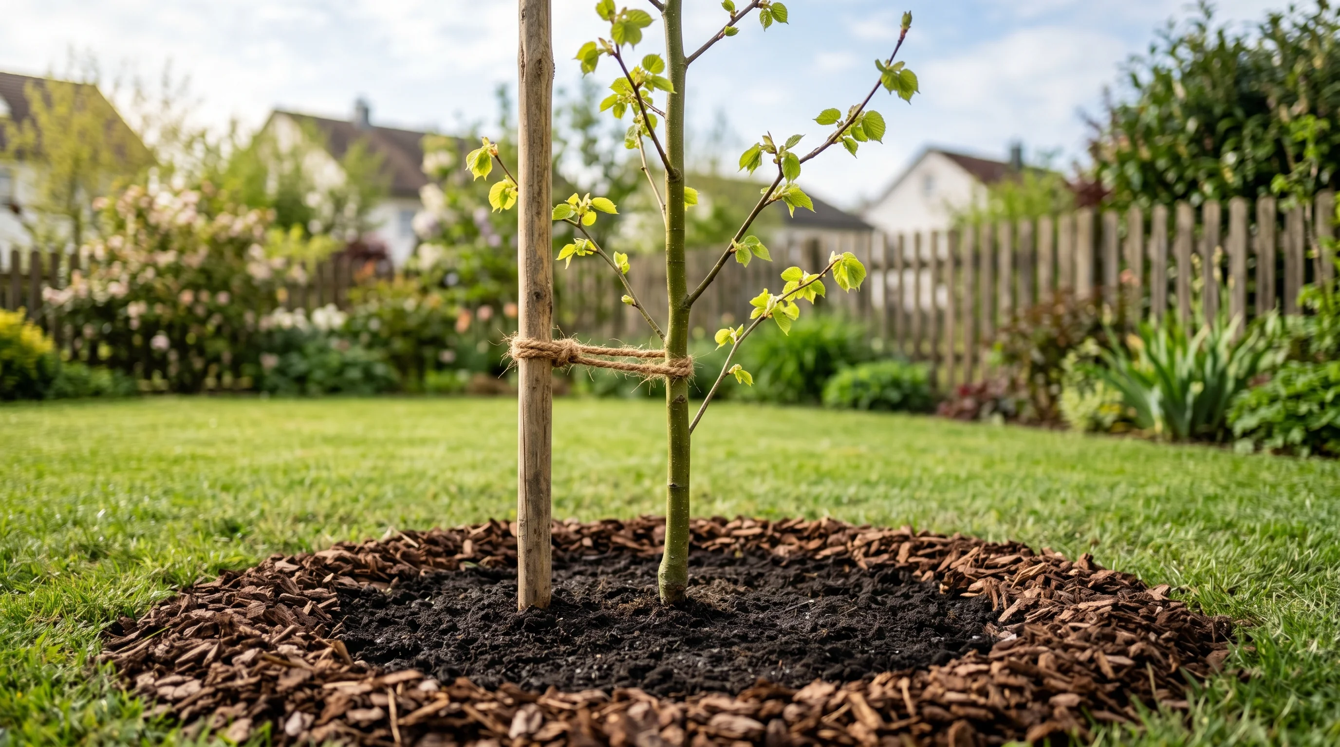 Frisch gepflanzter junger Baum mit Stützpfahl und Mulchring in einem Ulmer Garten im Frühling