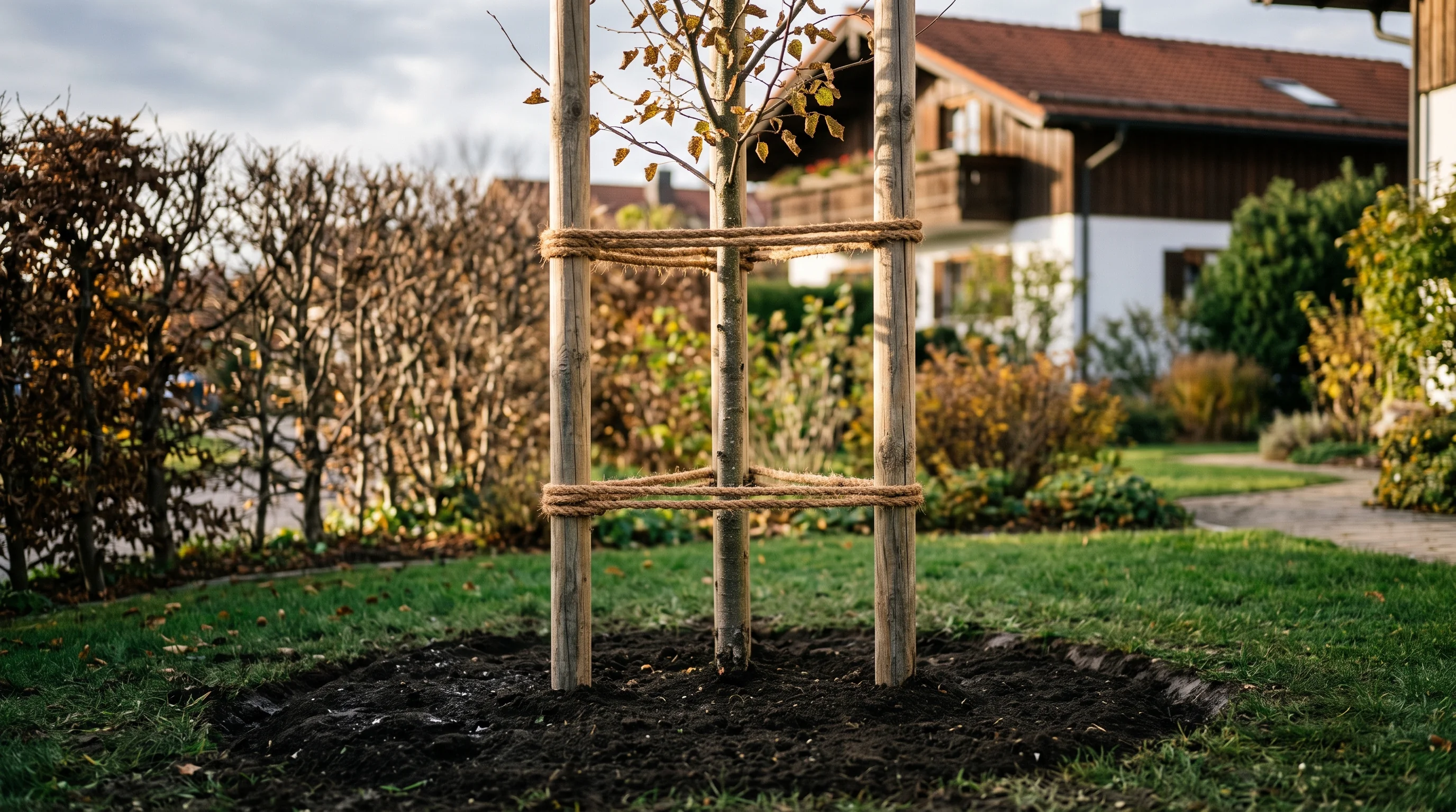 Baum pflanzen Kosten: junger Laubbaum mit Stützpfahl und frisch aufgeworfener Erde im Garten