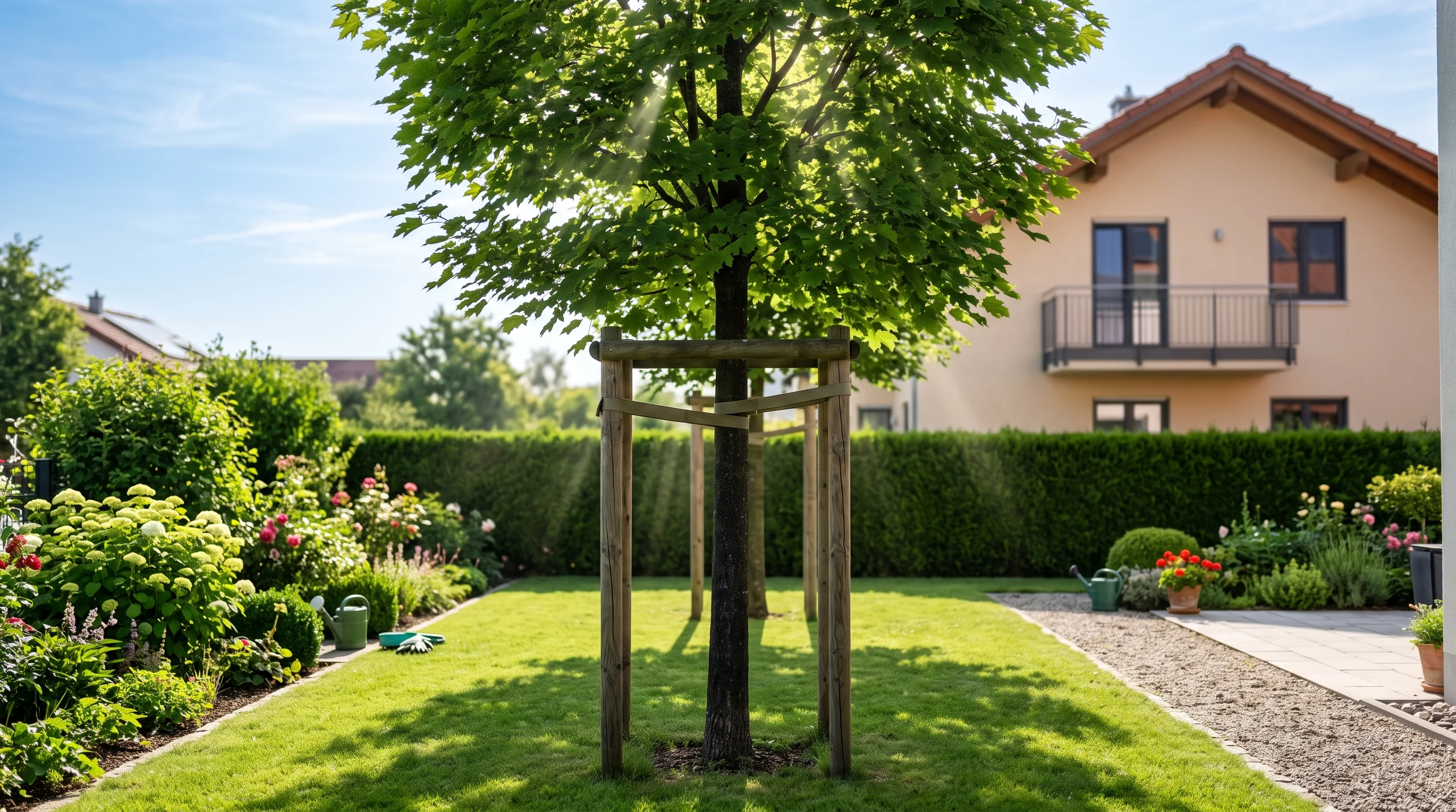 Baum pflanzen Kosten: angewachsener junger Hausbaum mit Dreibock-Verankerung im Sommergarten