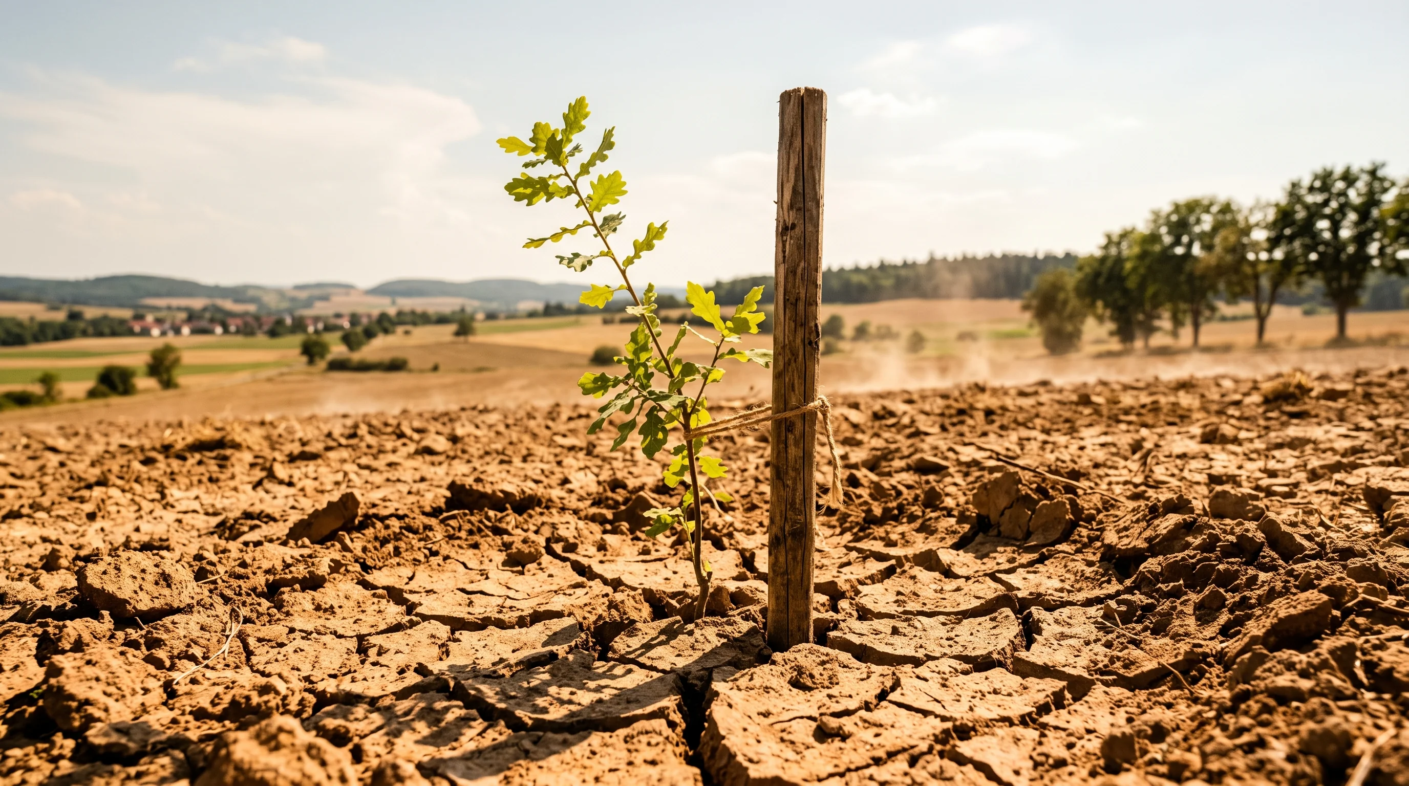 Frisch gepflanzter junger Baum mit Stützpfahl in trockener Erde – Symbolbild für Baum pflanzen bei Trockenheit und Klimawandel