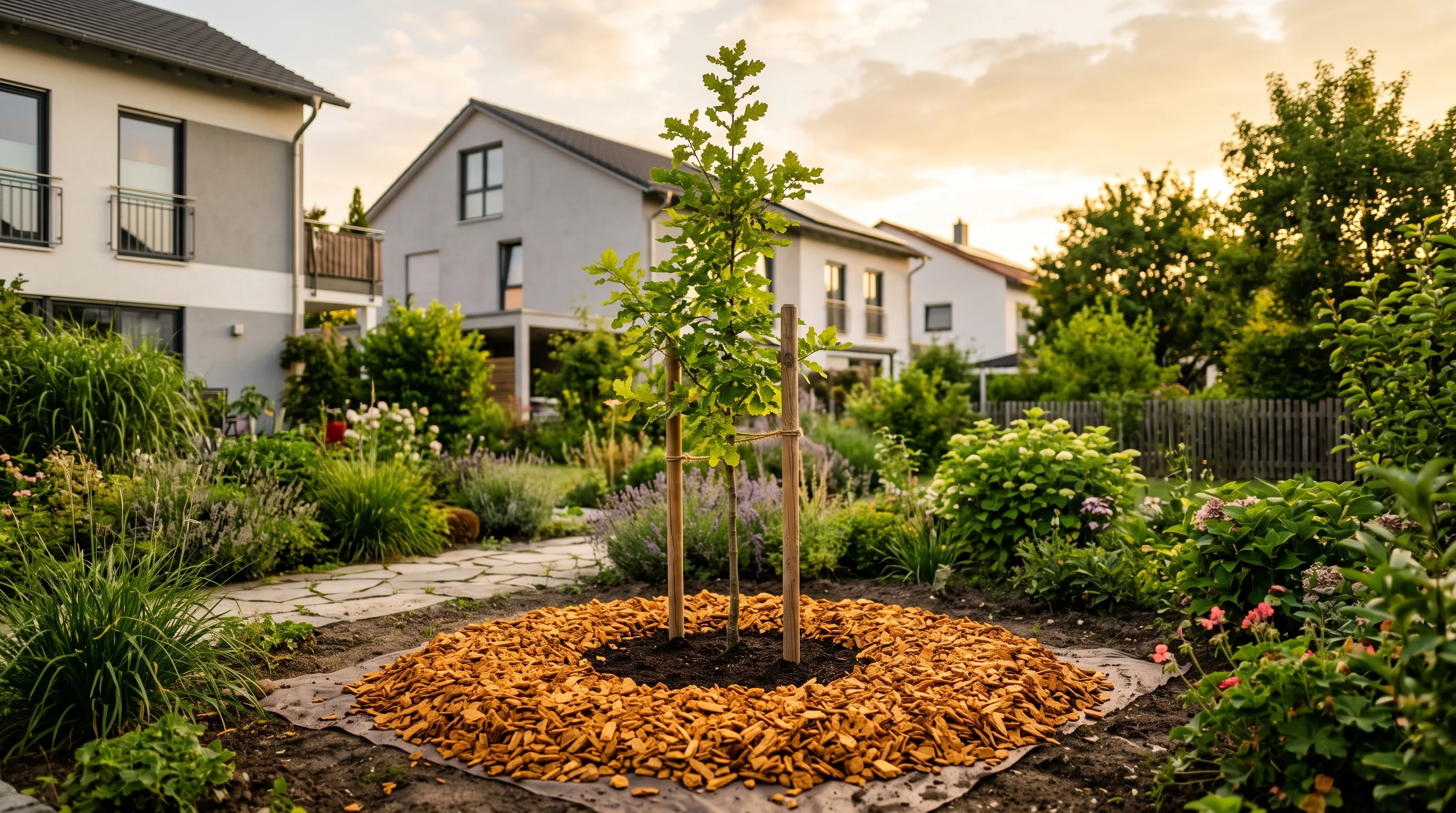 Klimaangepasster Jungbaum nach der Pflanzung mit Mulchschicht gegen Trockenheit in einem Ulmer Garten