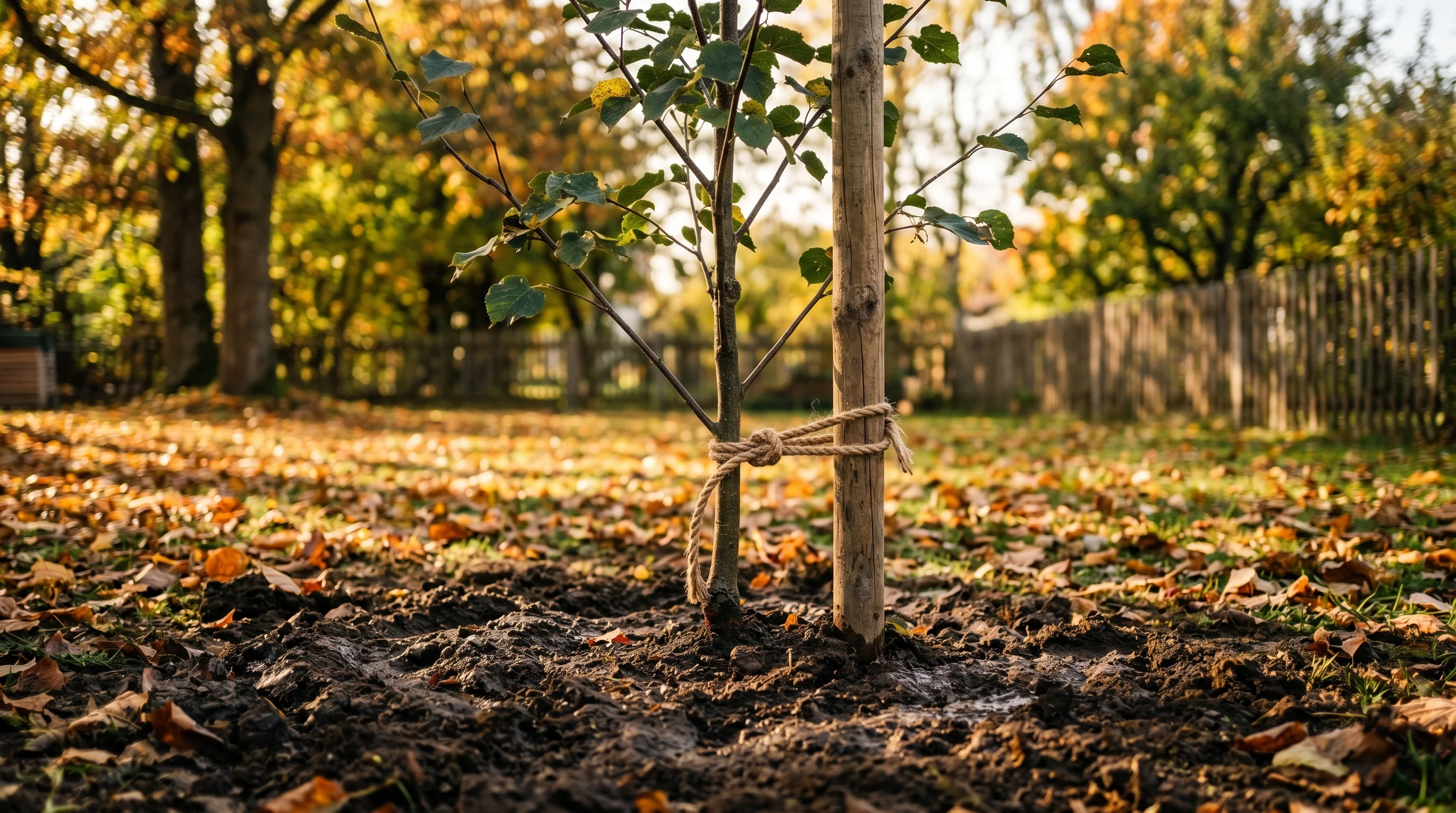 Baum pflanzen Zeitpunkt – frisch gepflanzter Laubbaum mit Stützpfahl in herbstlichem Garten in Süddeutschland