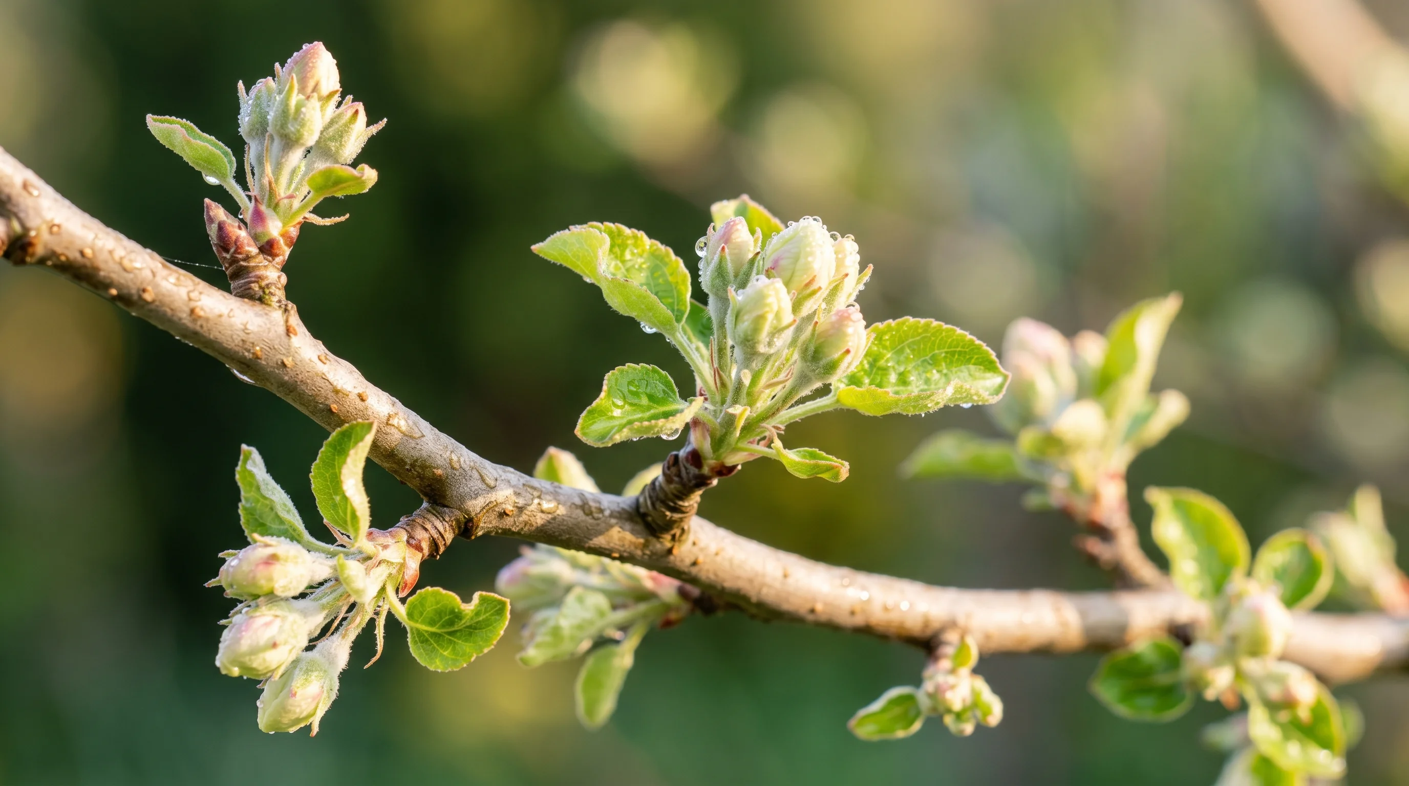 Baum pflanzen Zeitpunkt – frische Frühjahrsknospen an einem Obstbaumast als Zeichen des richtigen Pflanzfensters
