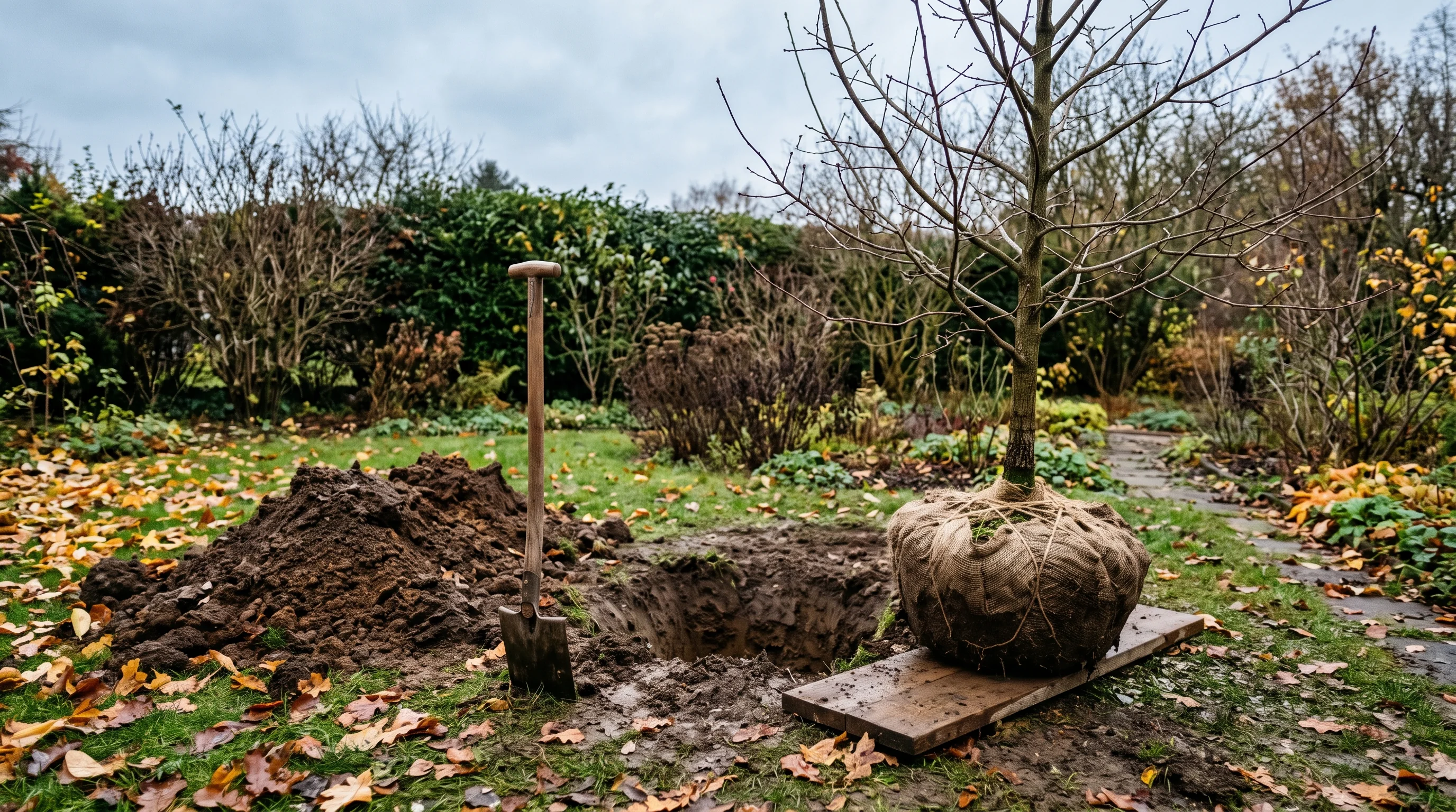 Baum umpflanzen: Wurzelballen eines jungen Laubbaums im frisch ausgehobenen Pflanzloch
