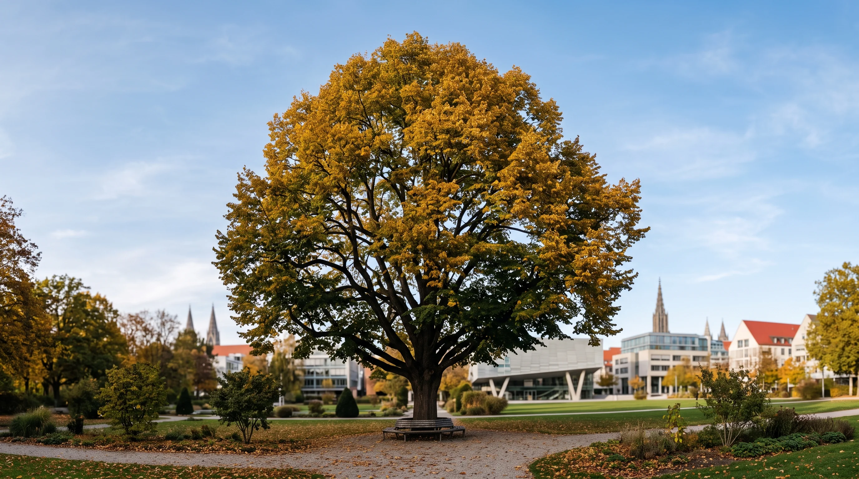 Großer Laubbaum in süddeutscher Stadtlandschaft, betreut von einem Baumdienst in Ulm