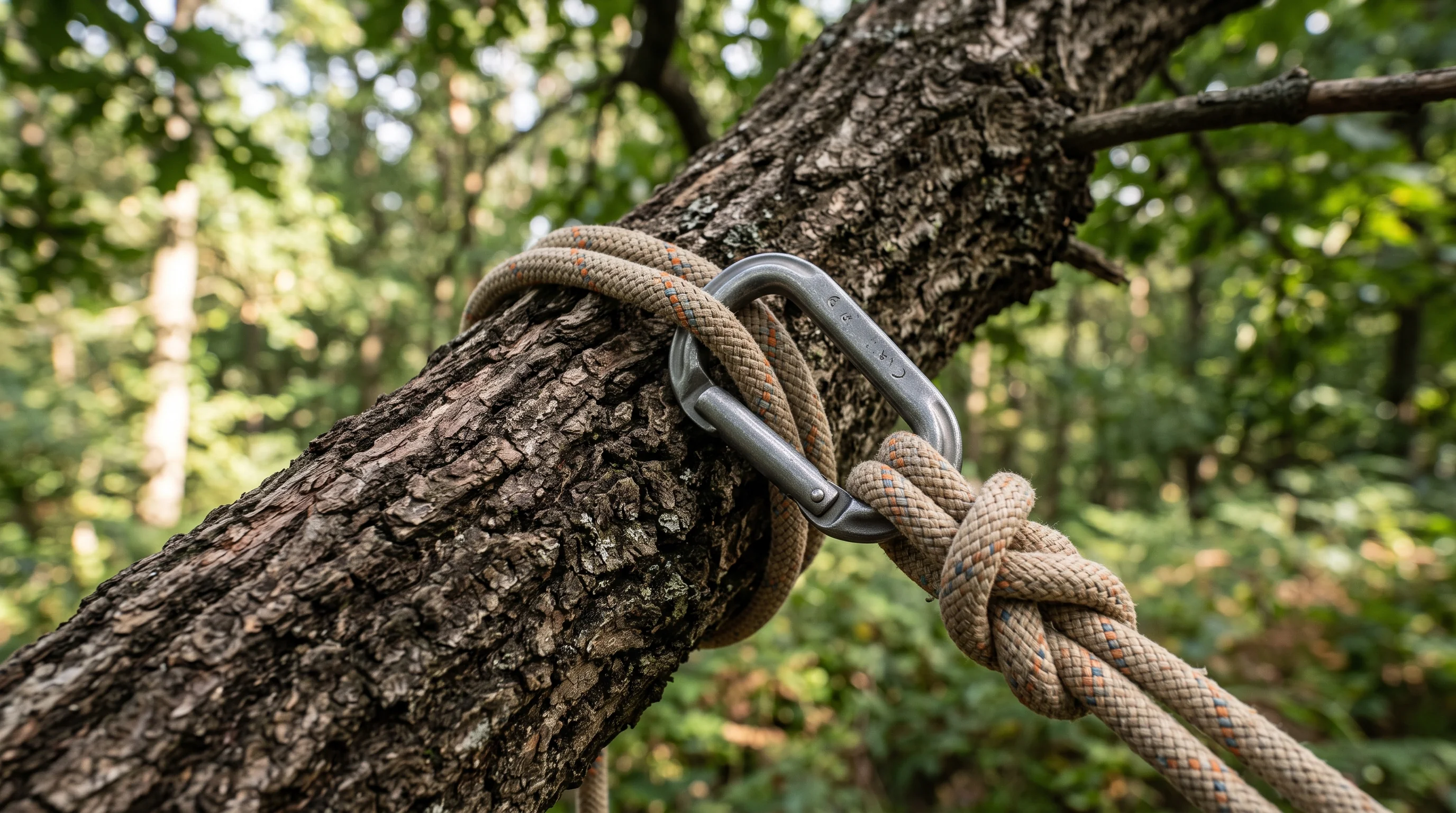 Baumfällung in der Nähe: Kletterseil und Karabiner als Detail der professionellen Sicherheitsausrüstung