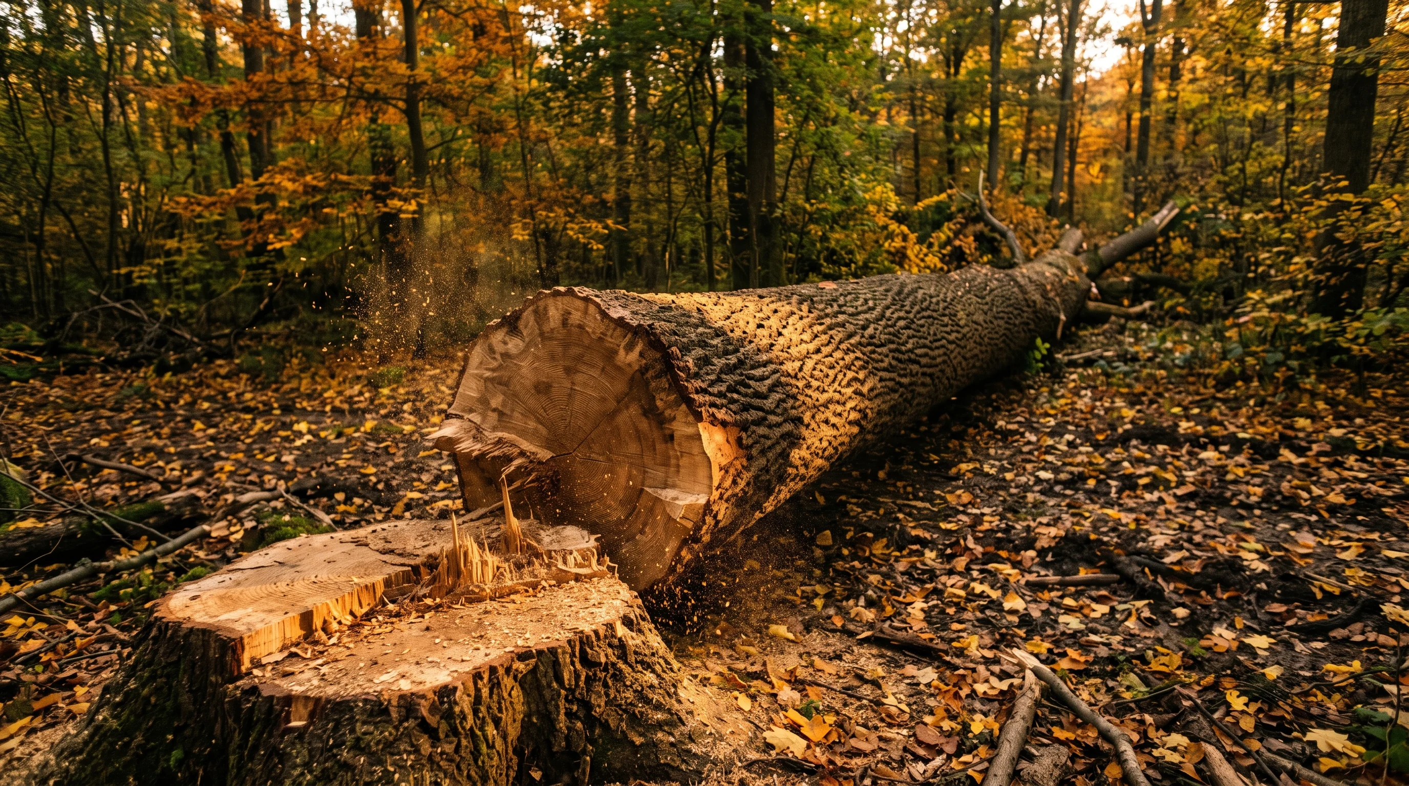 Baumfällung selbst durchführen: gefällter Baumstamm im Wald zeigt die Dimension und Risiken eines eigenmächtigen Baumfällens