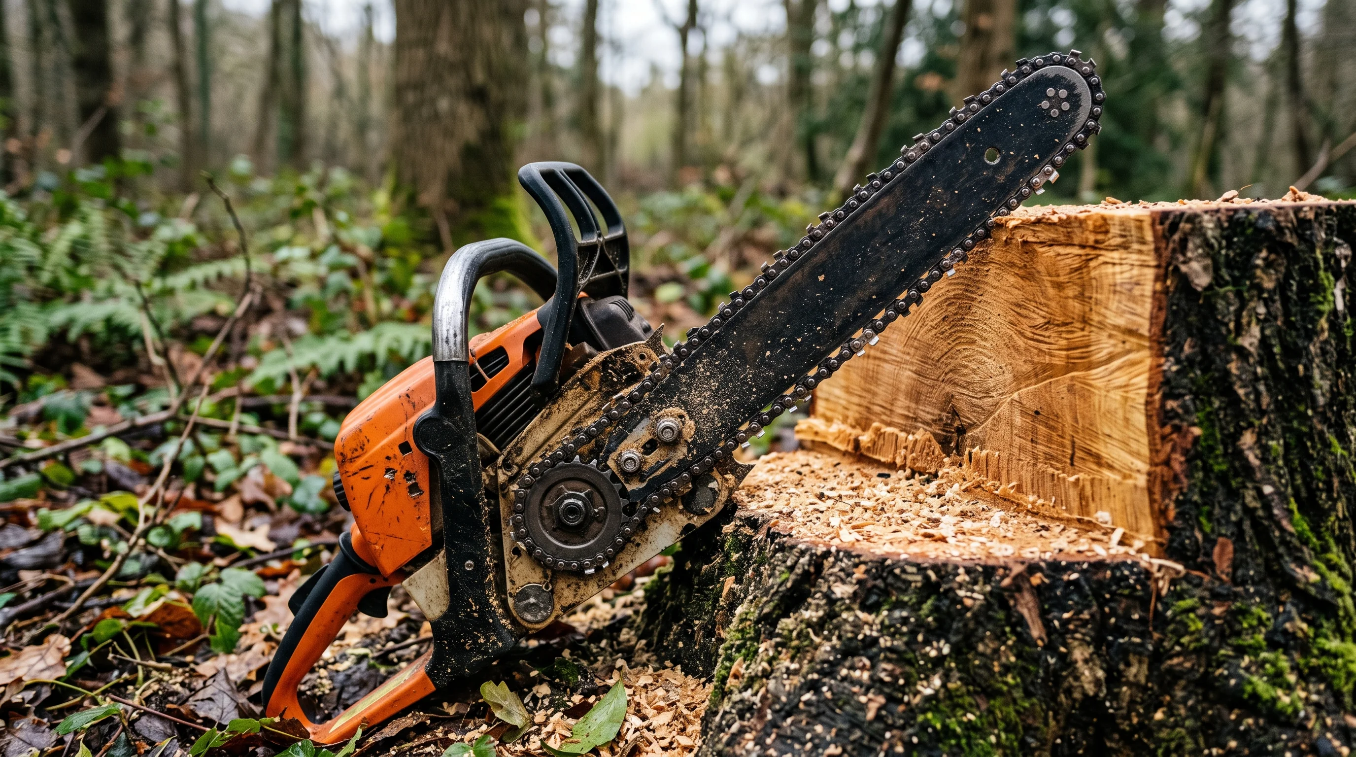 Baumfällung selbst erlaubt: gefällter Baumstamm mit sichtbaren Jahresringen im herbstlichen Wald