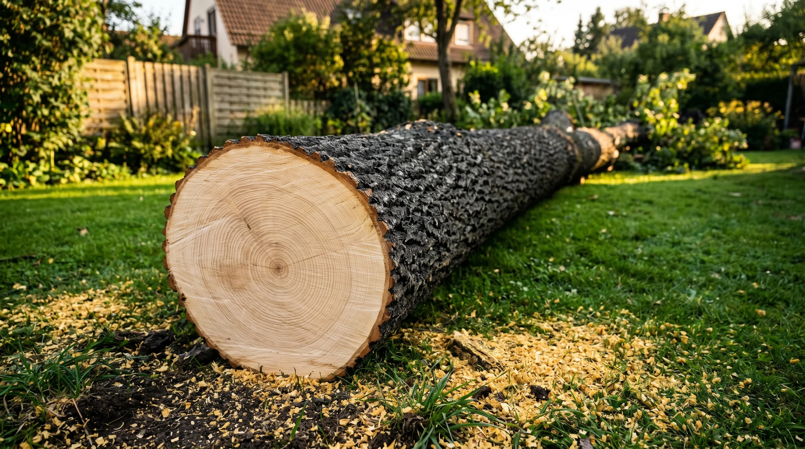 Baumfällung Ulm Kosten — gefällter Laubbaum im Garten, Querschnitt mit Jahresringen, Morgenlicht