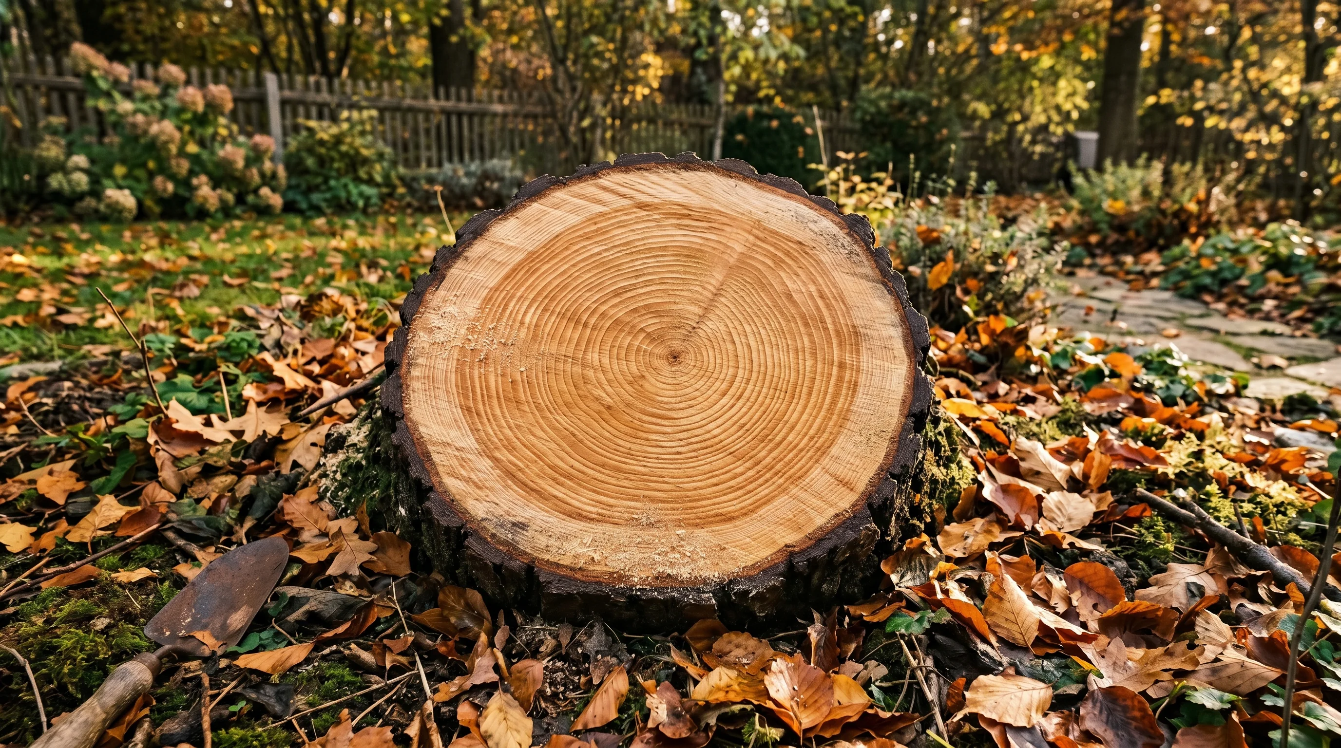 Baumfällung Ulm Kosten — frischer Baumstumpf mit deutlichen Jahresringen in einem Garten, Herbstlicht, süddeutsches Wohngebiet im Hintergrund