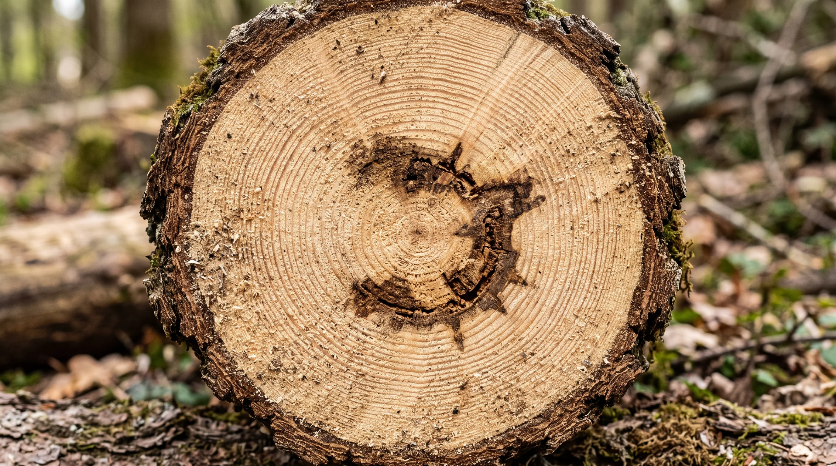 Baumgutachten wann nötig — Querschnitt eines Baumstamms mit sichtbaren Jahresringen und innerer Verfärbung