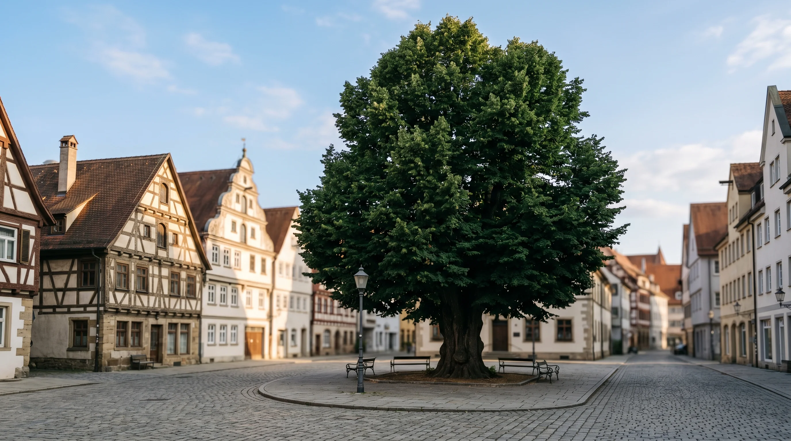 Alter Laubbaum in süddeutscher Stadtlandschaft — Baumkontrolle zum Schutz der Verkehrssicherheit in Ulm