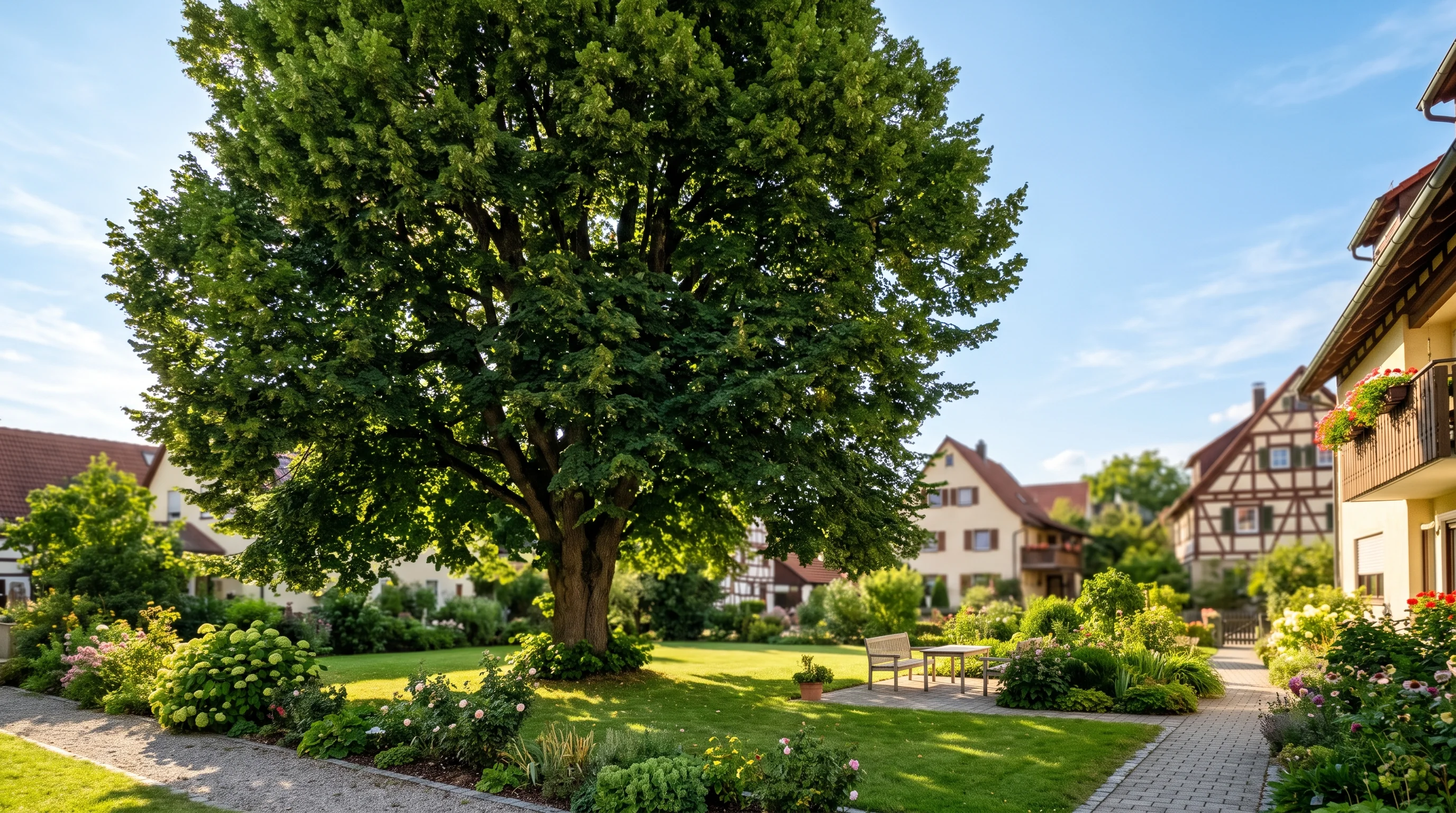 Großer Laubbaum in einem gepflegten Wohngarten im Ulmer Umland — Baumpflege Senden Erbach Blaustein
