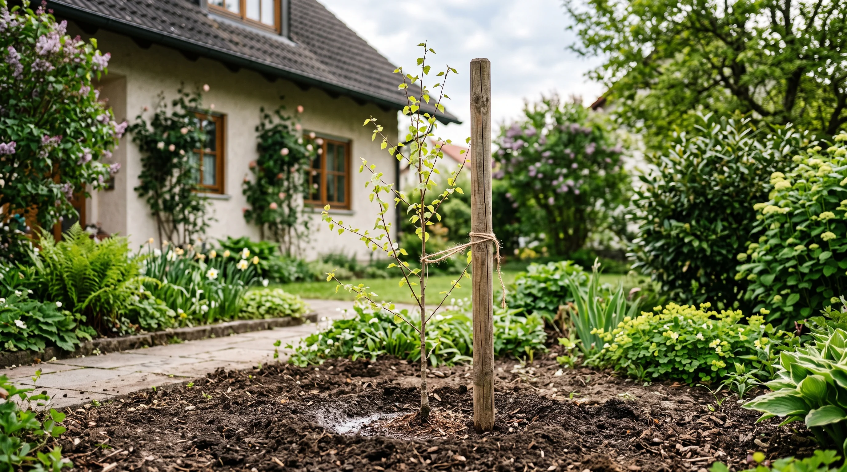 Frisch gepflanzter junger Baum im Garten als Ergebnis seriöser Baumpflege-Beratung in Ulm