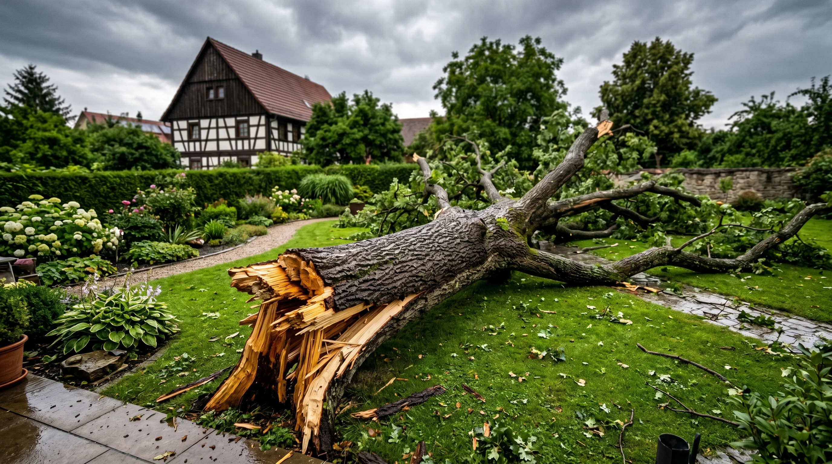 Baumpflege Ulm Notfall — umgestürzter Eichenstamm nach Sturmschaden in einem Garten in Ulm