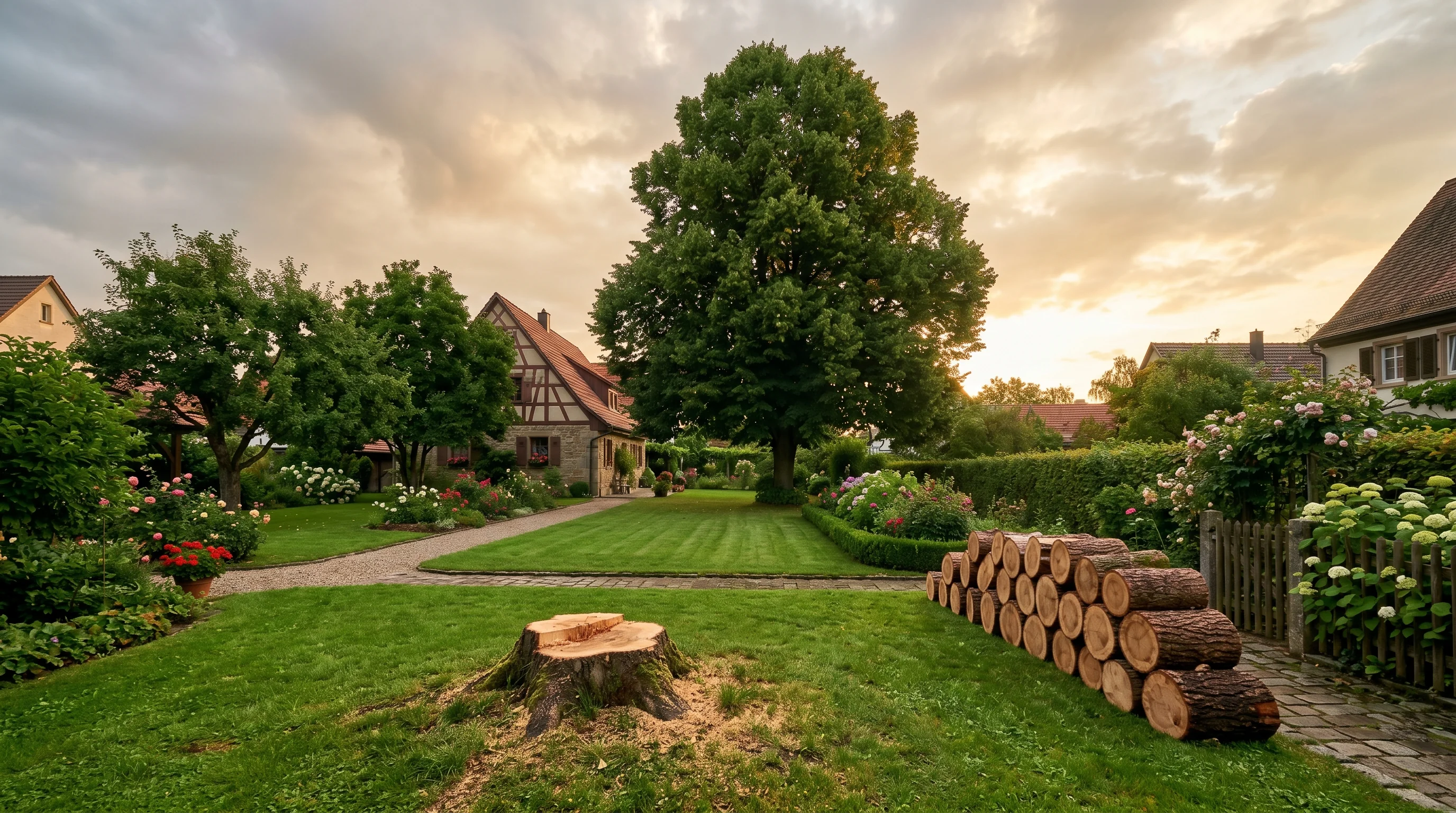 Professionelle Notfall-Nachbereitung Ulm — aufgeräumter Garten nach Baumfällung mit Holzstapel im Morgenlicht