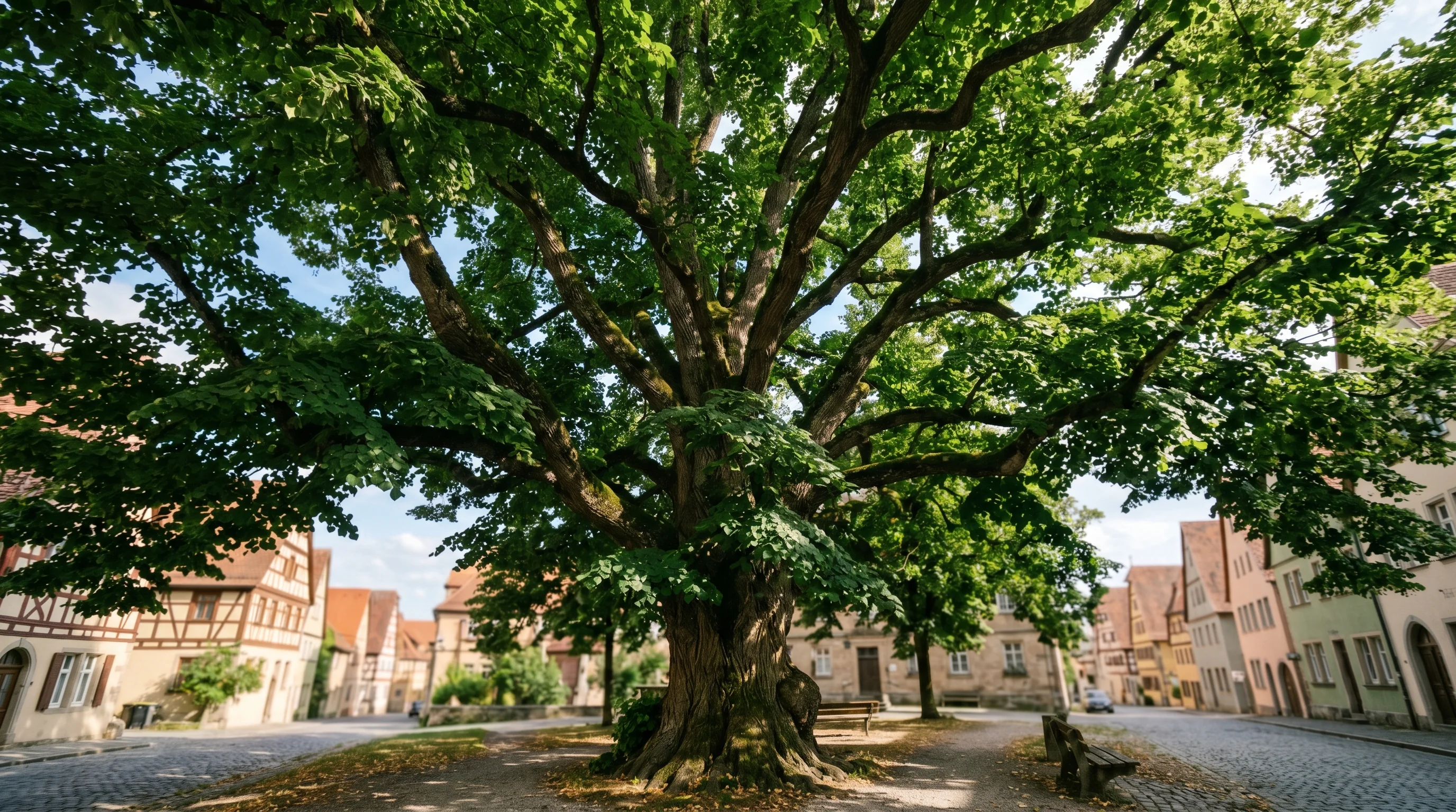 Baumpfleger Ulm – Blick durch die Laubkrone einer alten Linde, professionelle Baumpflege in der Region