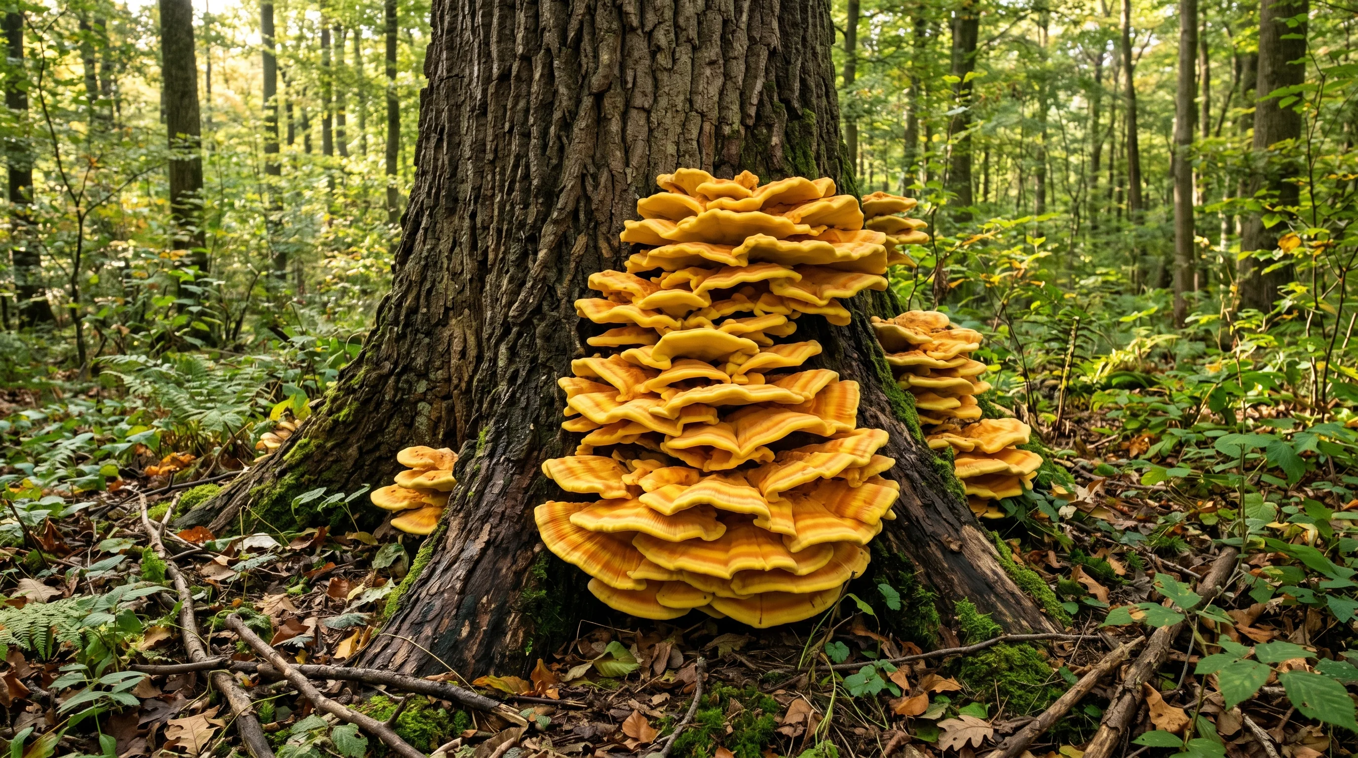 Baumpilze schädlich für Baum – Schwefelporling an einem alten Laubbaum in Süddeutschland