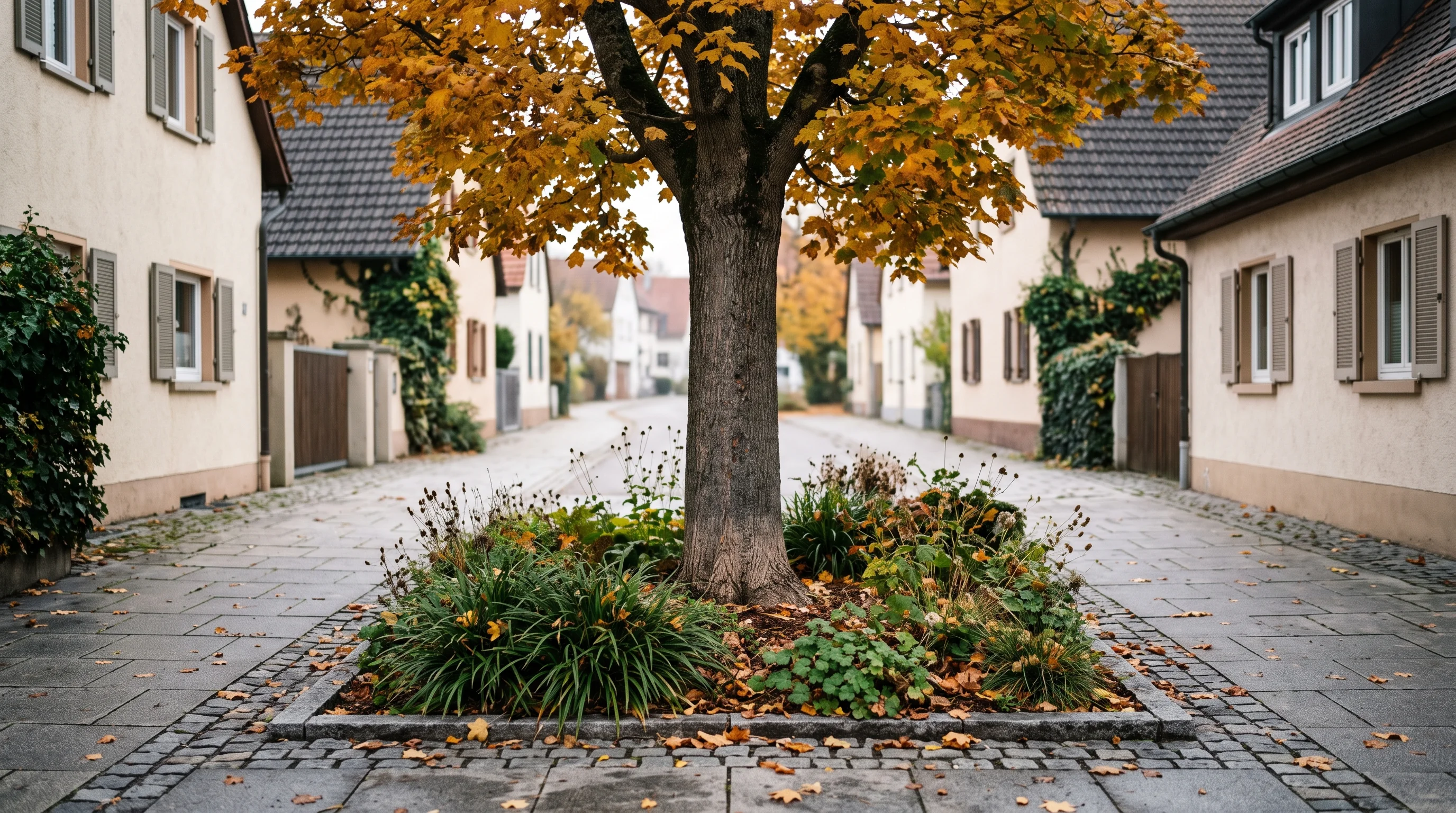 Bepflanzte Baumscheibe an einem Straßenbaum mit freigehaltenem Stammfuß