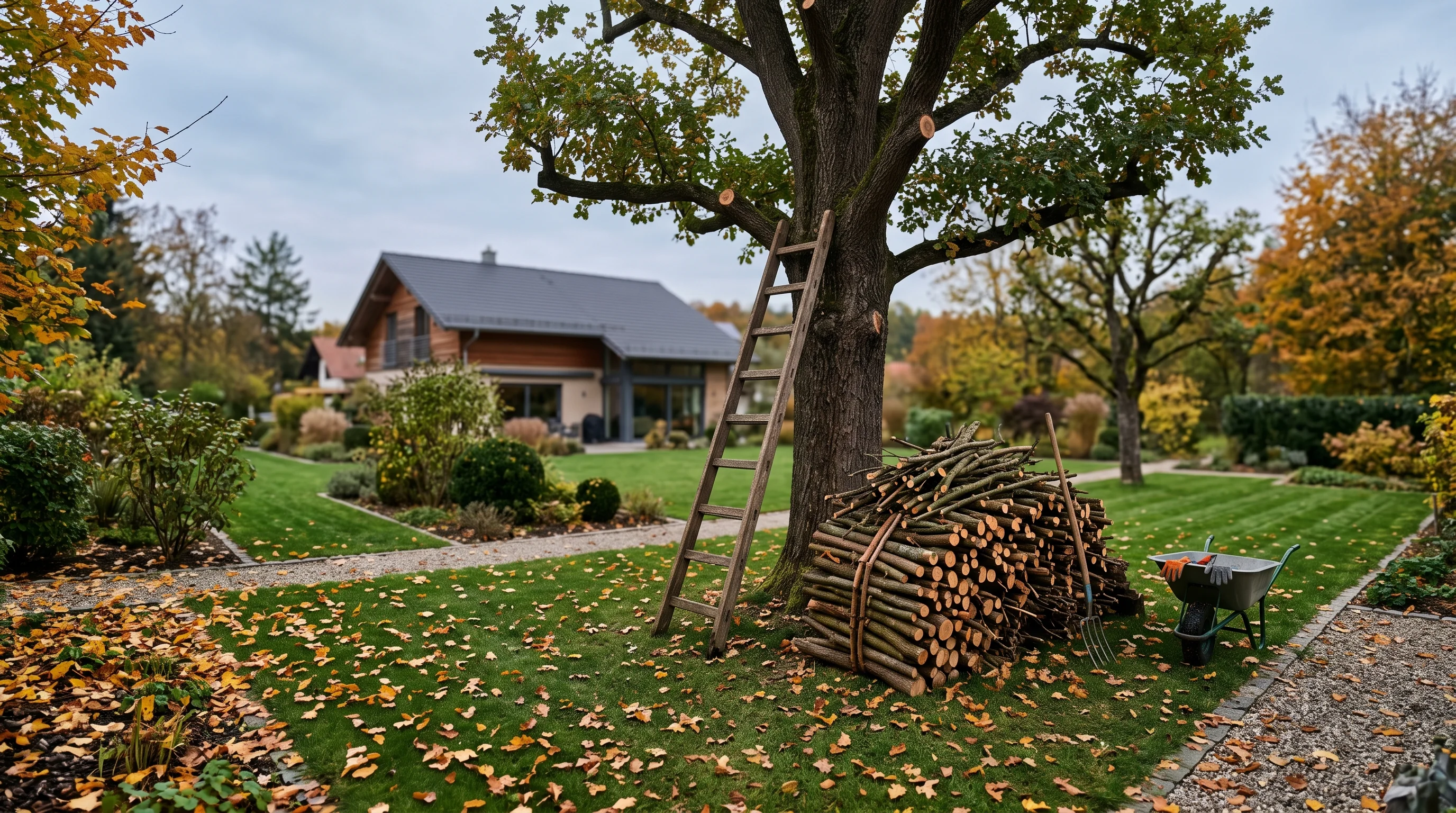 Frisch geschnittener Ast mit sauberer Schnittfläche im Herbstlicht