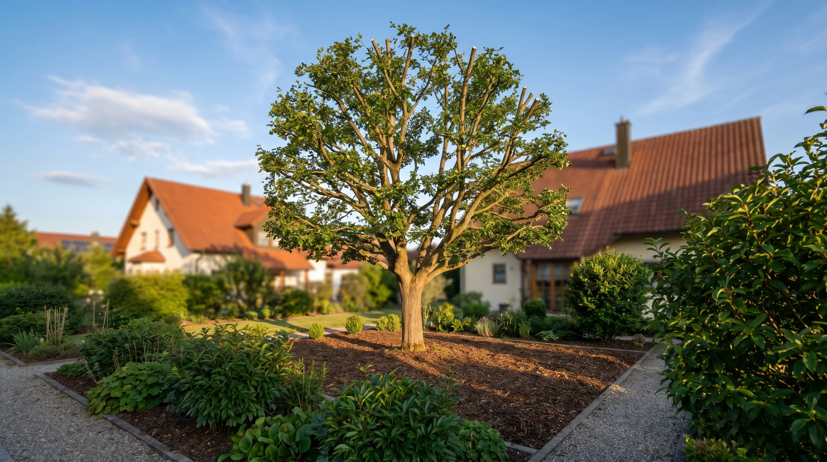 Gepflegter Garten mit sauber geschnittenen Bäumen nach professionellem Baumschnitt