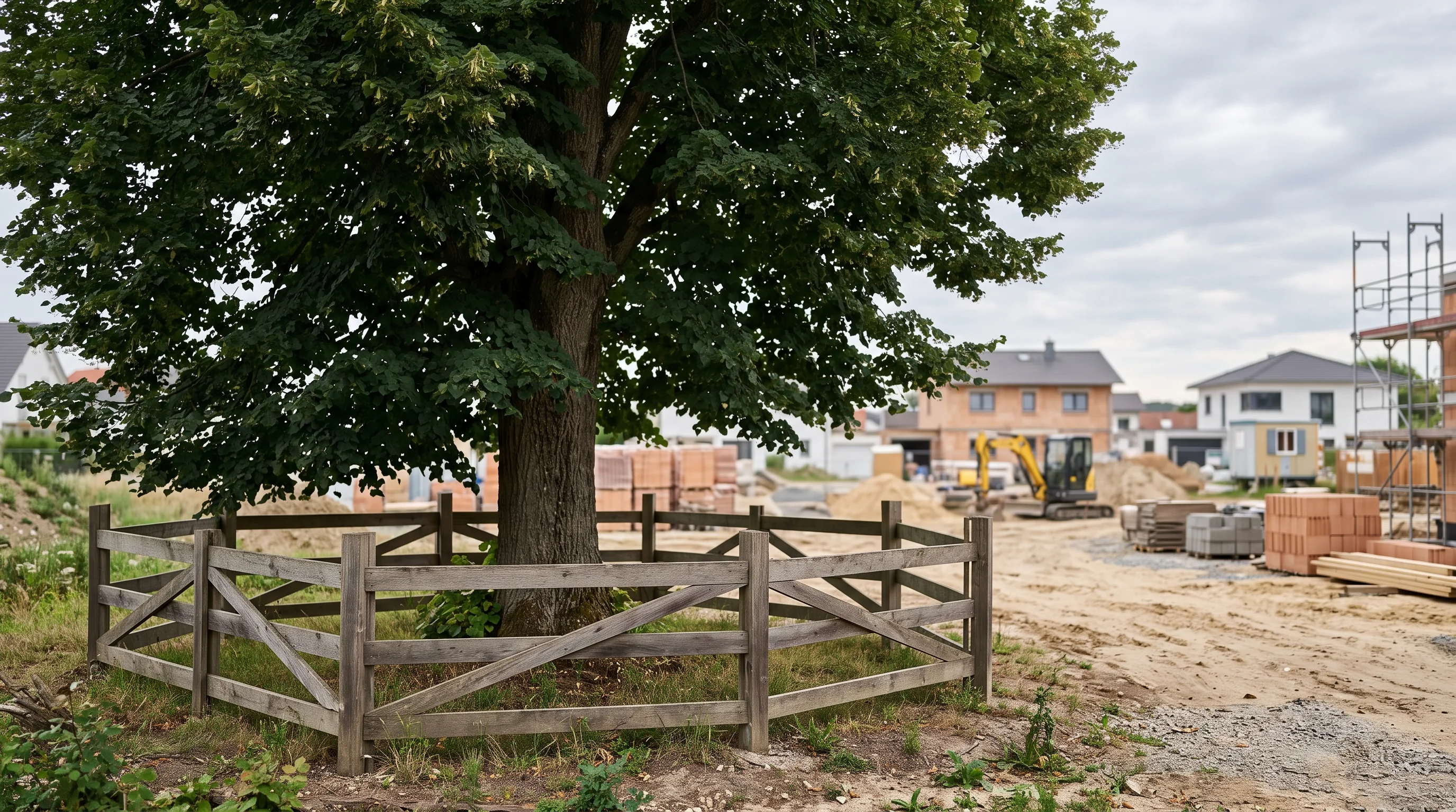 Baumschutzzaun um einen alten Baum am Rand einer Baustelle als Beispiel für Baumschutz bei Bauarbeiten