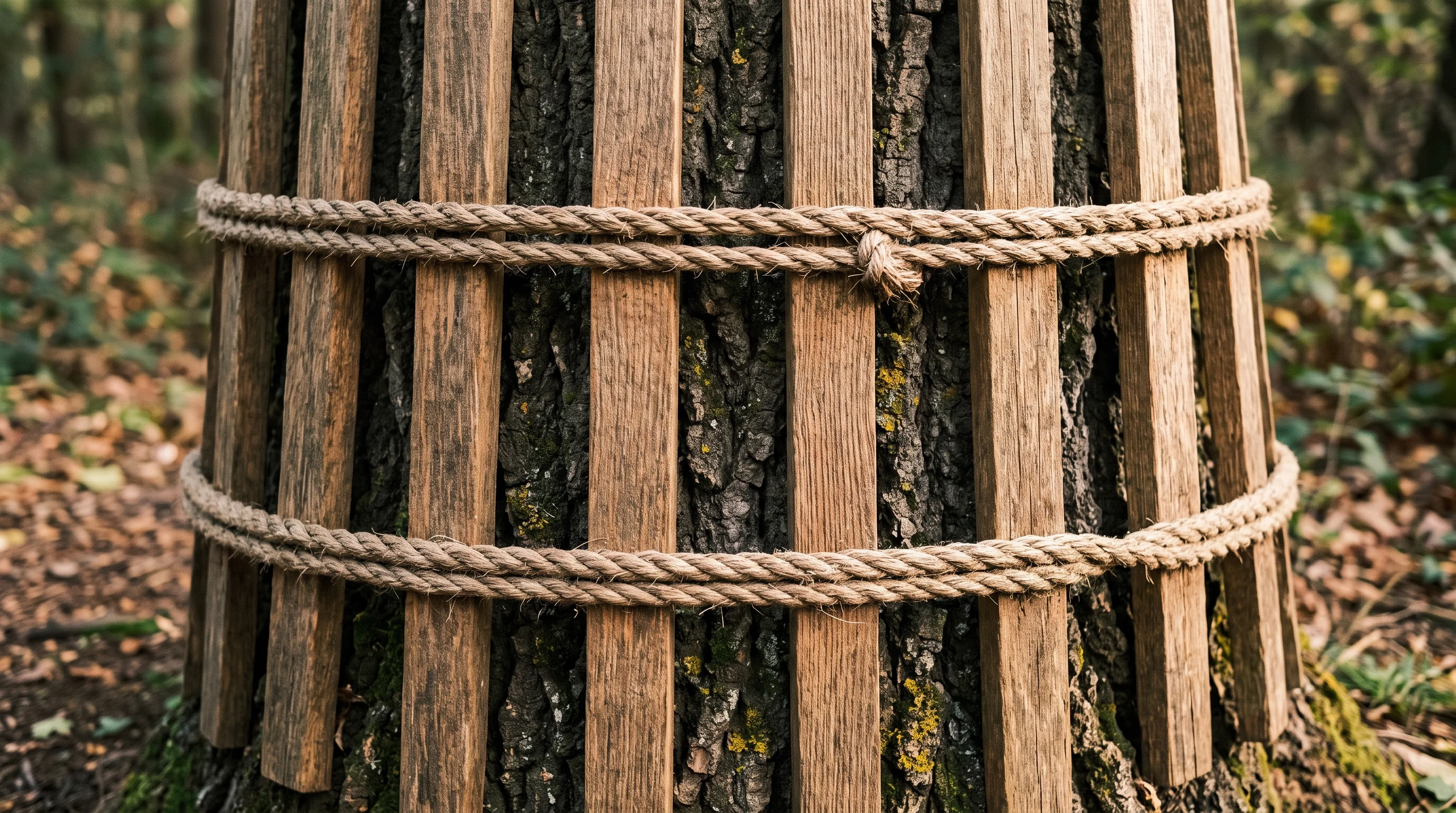 Baumschutzzaun aus Holzlatten sichert den Wurzelbereich eines Baumes bei Bauarbeiten