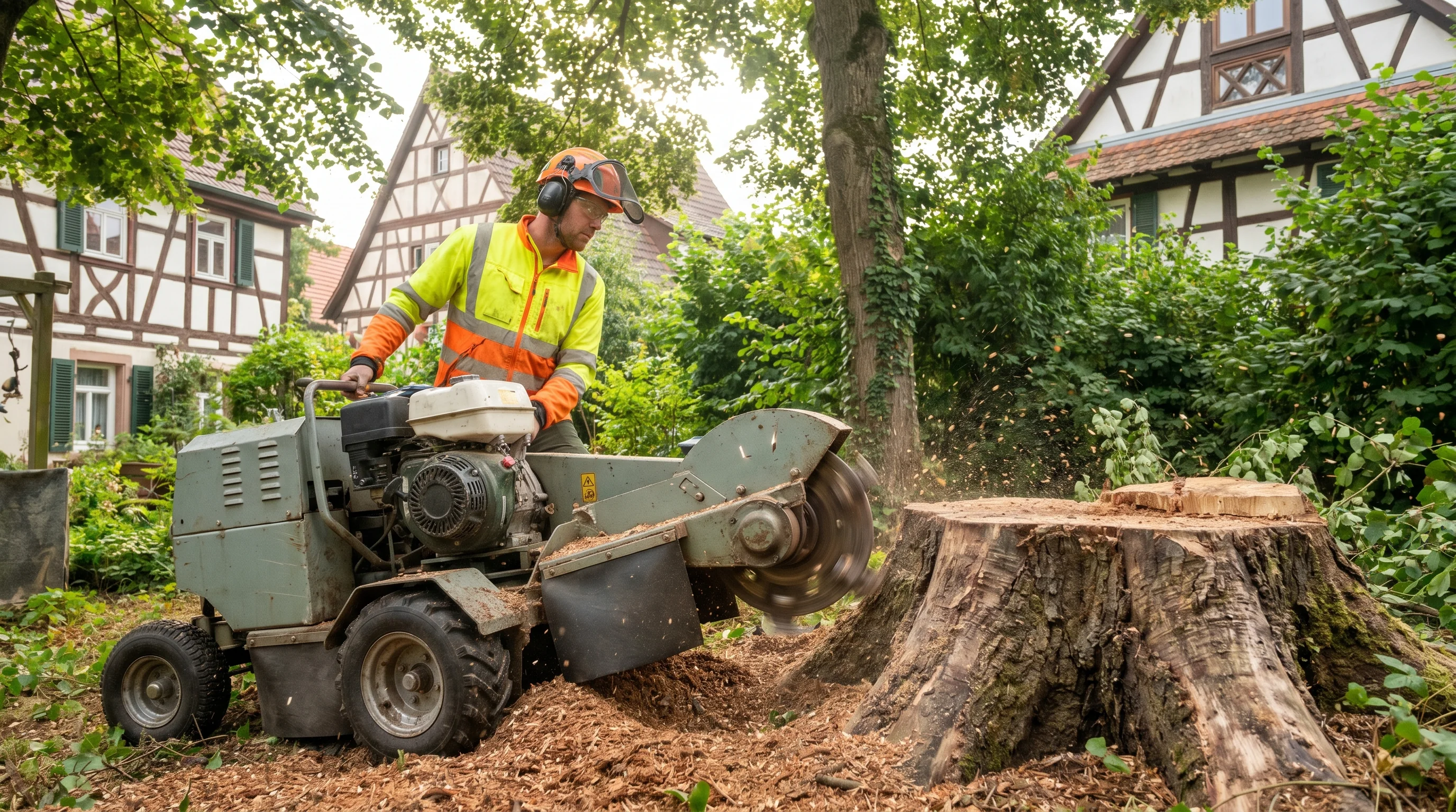 Baumstumpf entfernen mit professioneller Stubbenfräse in einem Ulmer Garten