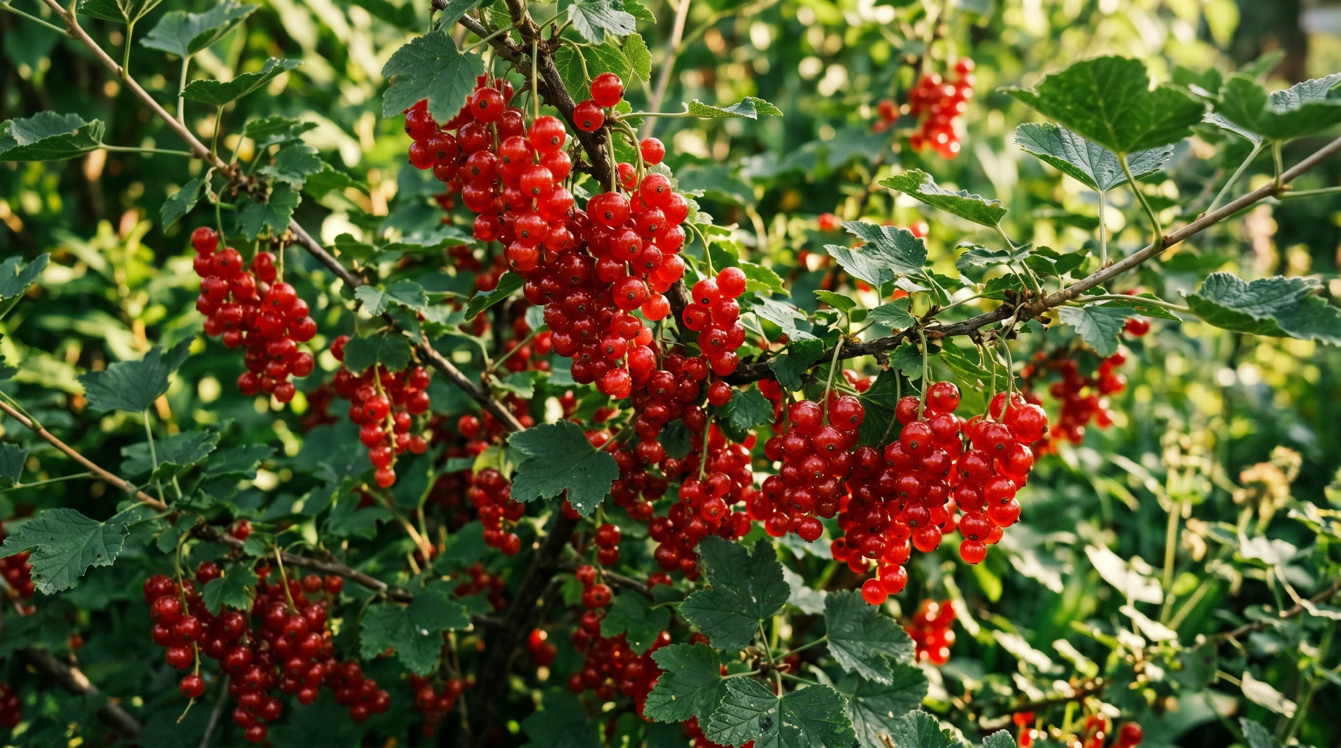 Reife rote Johannisbeeren an einem gepflegten Beerenstrauch in einem Garten in der Region Ulm