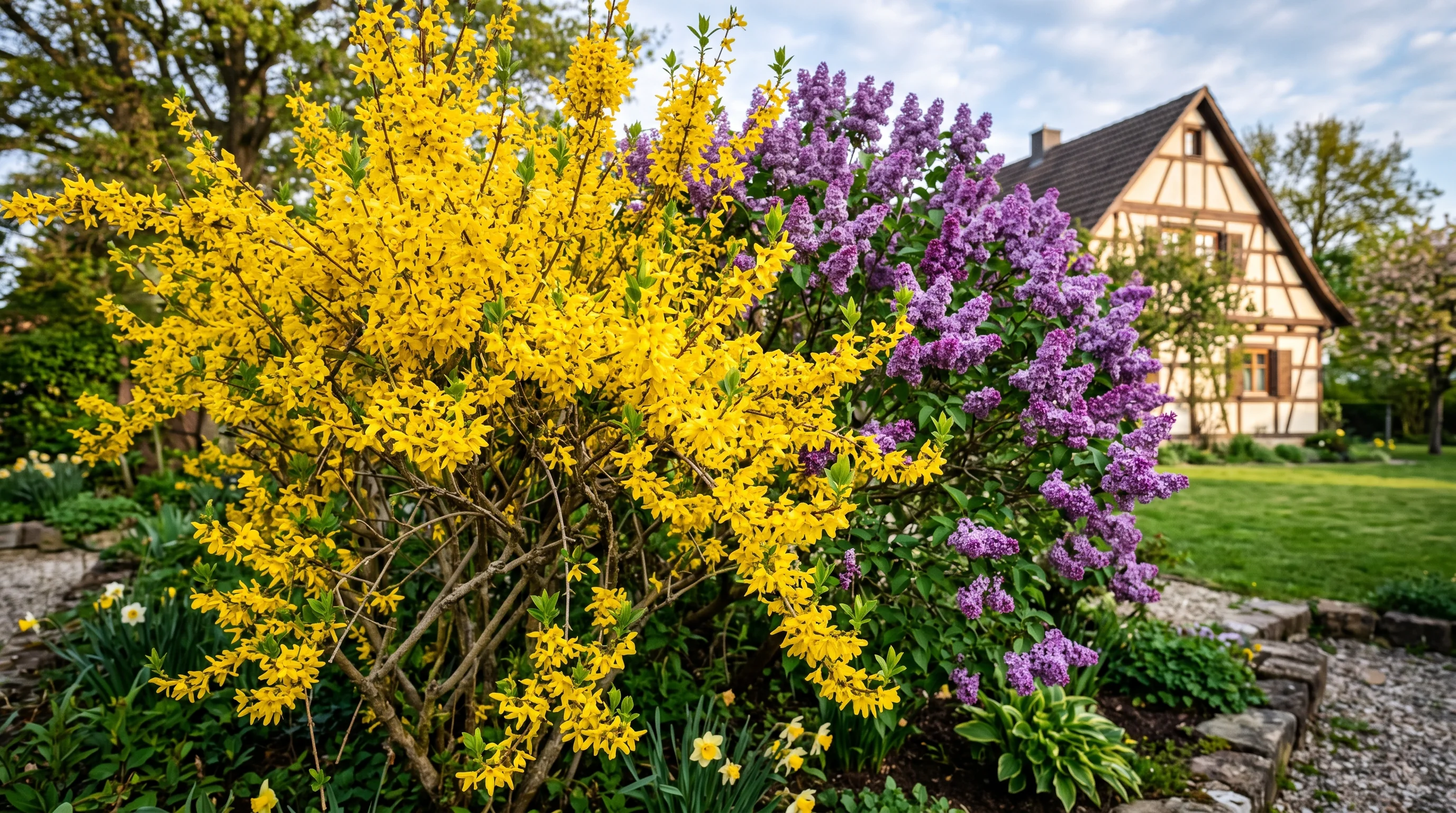 Blühender Forsythienstrauch im Frühjahr nach fachgerechtem Rückschnitt in einem Garten bei Ulm