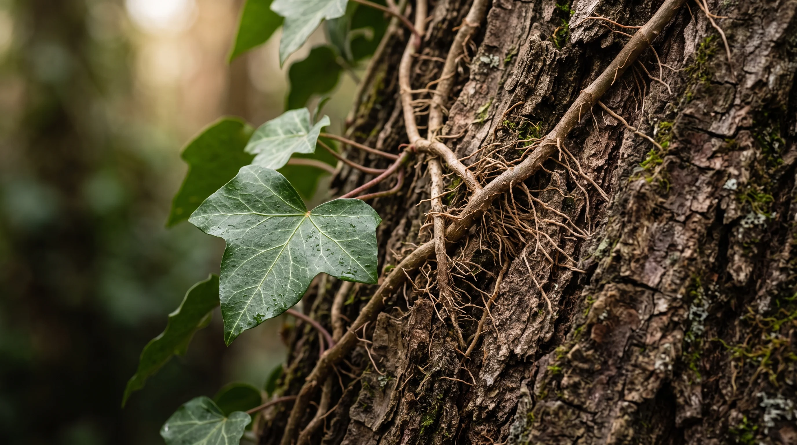 Nahaufnahme von Efeu-Haftwurzeln auf Baumrinde, Detail der Kletterpflanze bei der Efeuentfernung am Baum