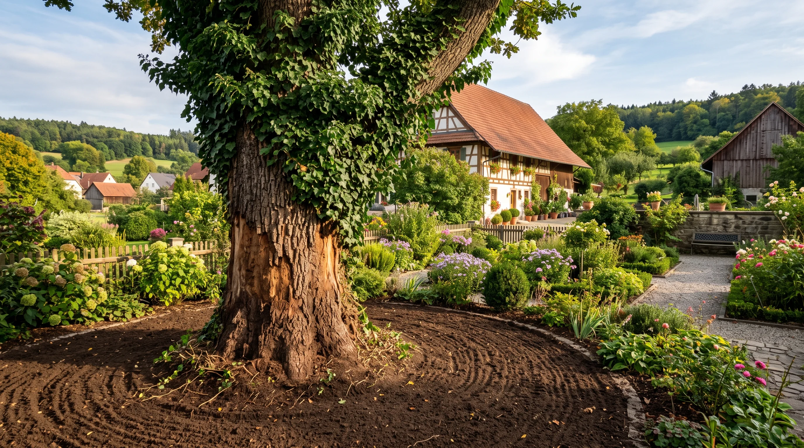 Freigelegter unterer Baumstamm nach fachgerechter Efeuentfernung im Garten, sichtbare Rinde ohne Efeubewuchs