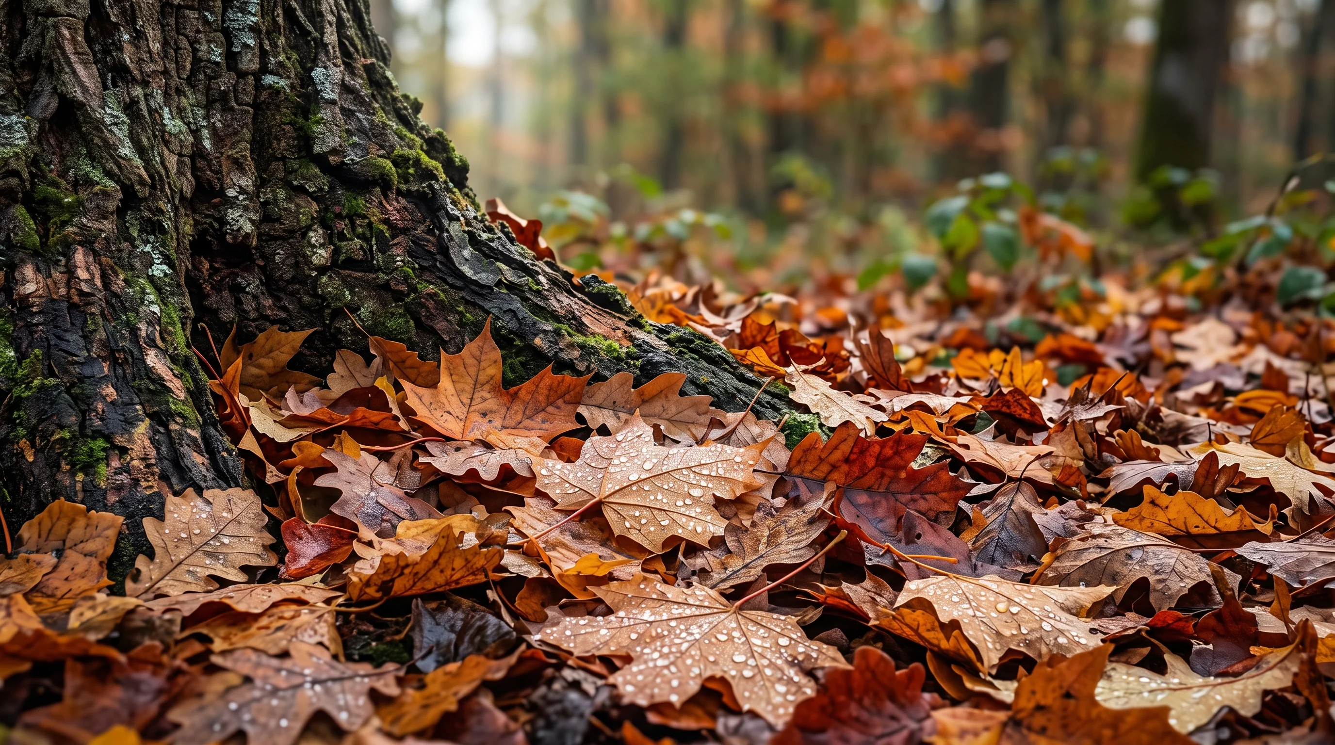 Gartenarbeit im Herbst: Herbstlaub am Boden rund um einen alten Baumstamm