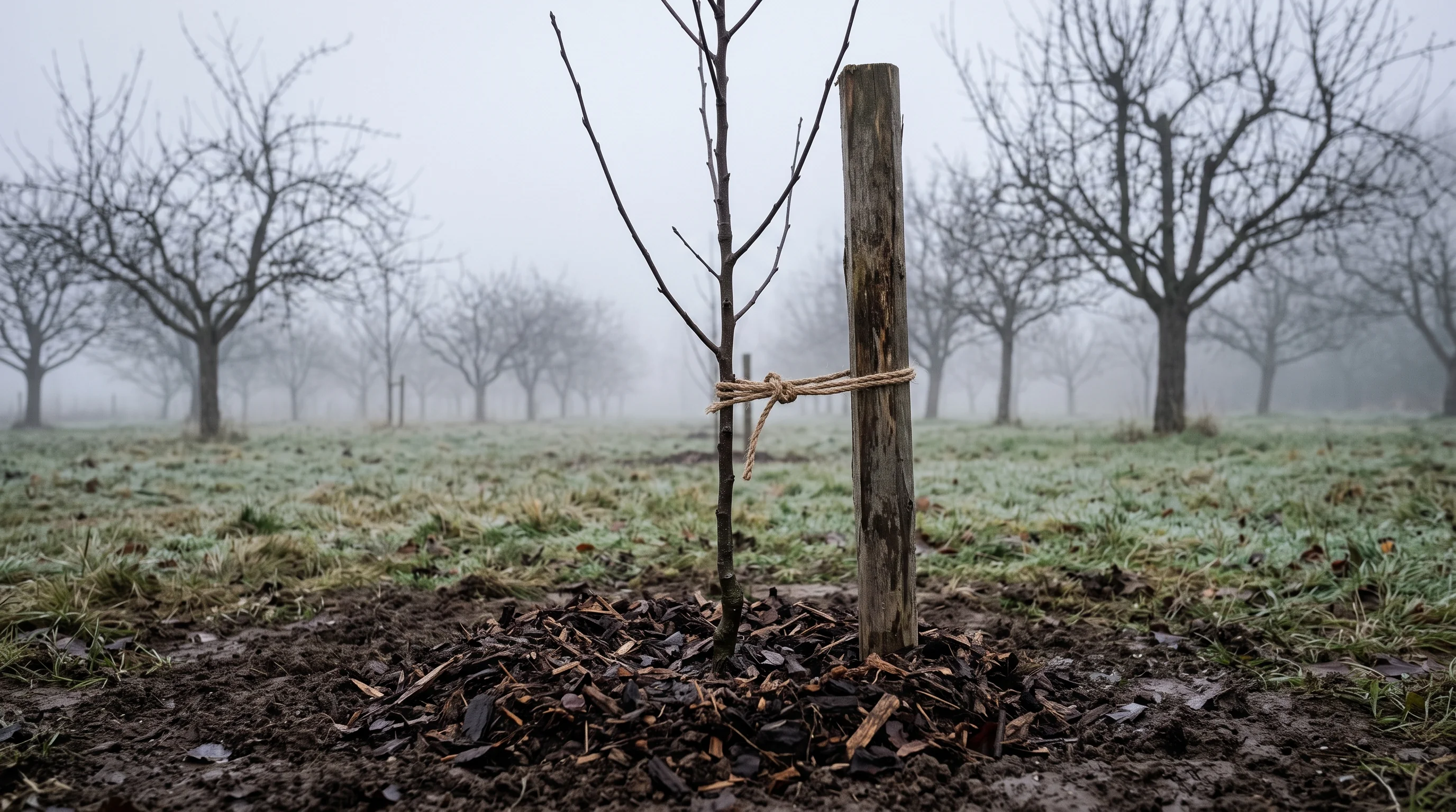 Gartenarbeit im Herbst: frisch gepflanzter junger Baum mit Stützpfahl im Novembernebel