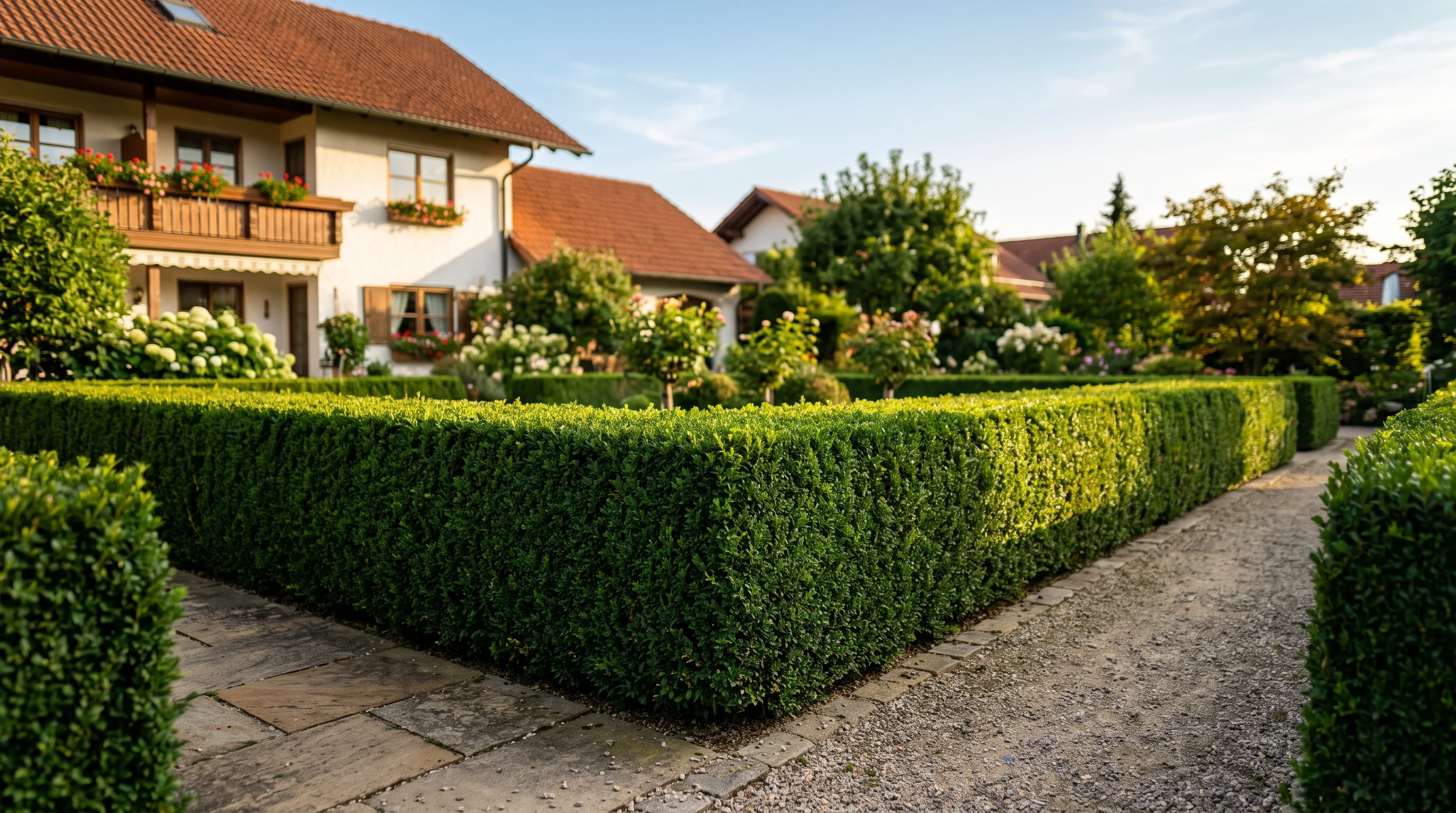 Gepflegter Garten mit frisch geschnittener Hecke nach professioneller Gartenpflege in Ulm