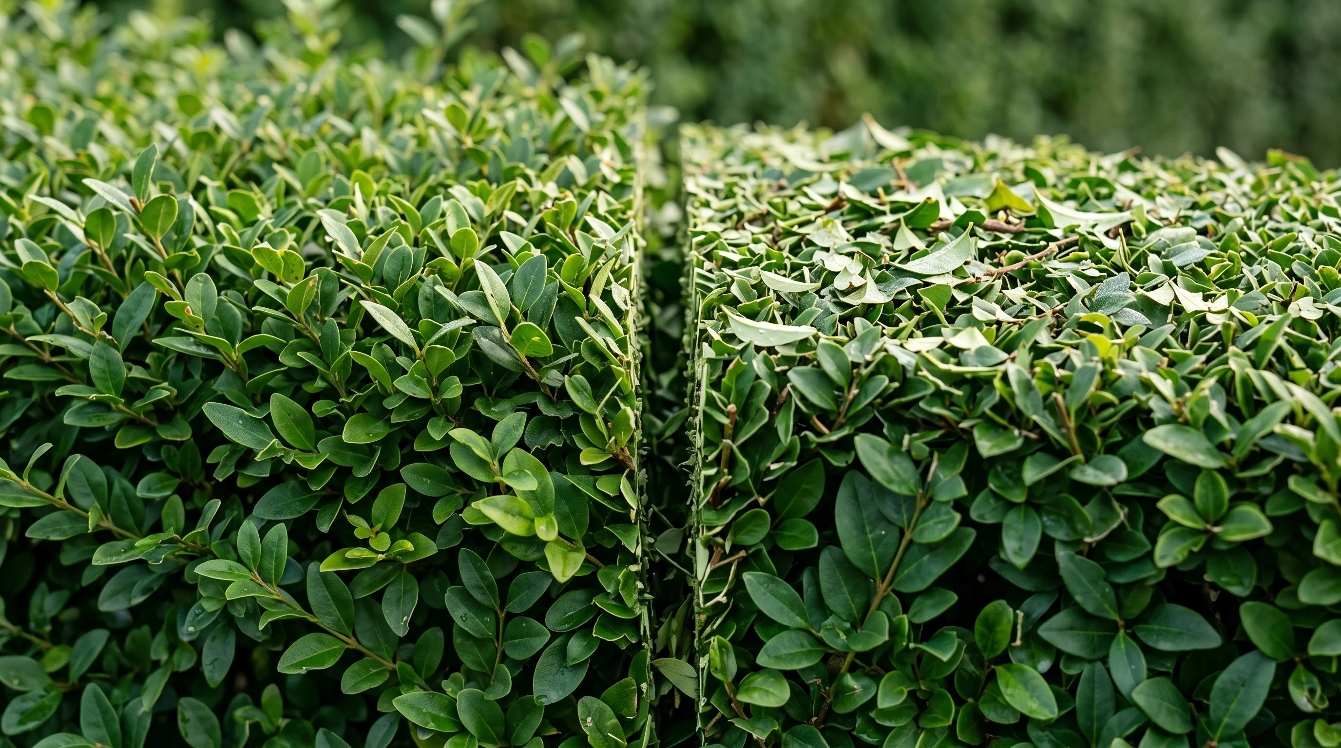 Nahaufnahme einer frisch geschnittenen Heckenkante bei der Gartenpflege in Ulm