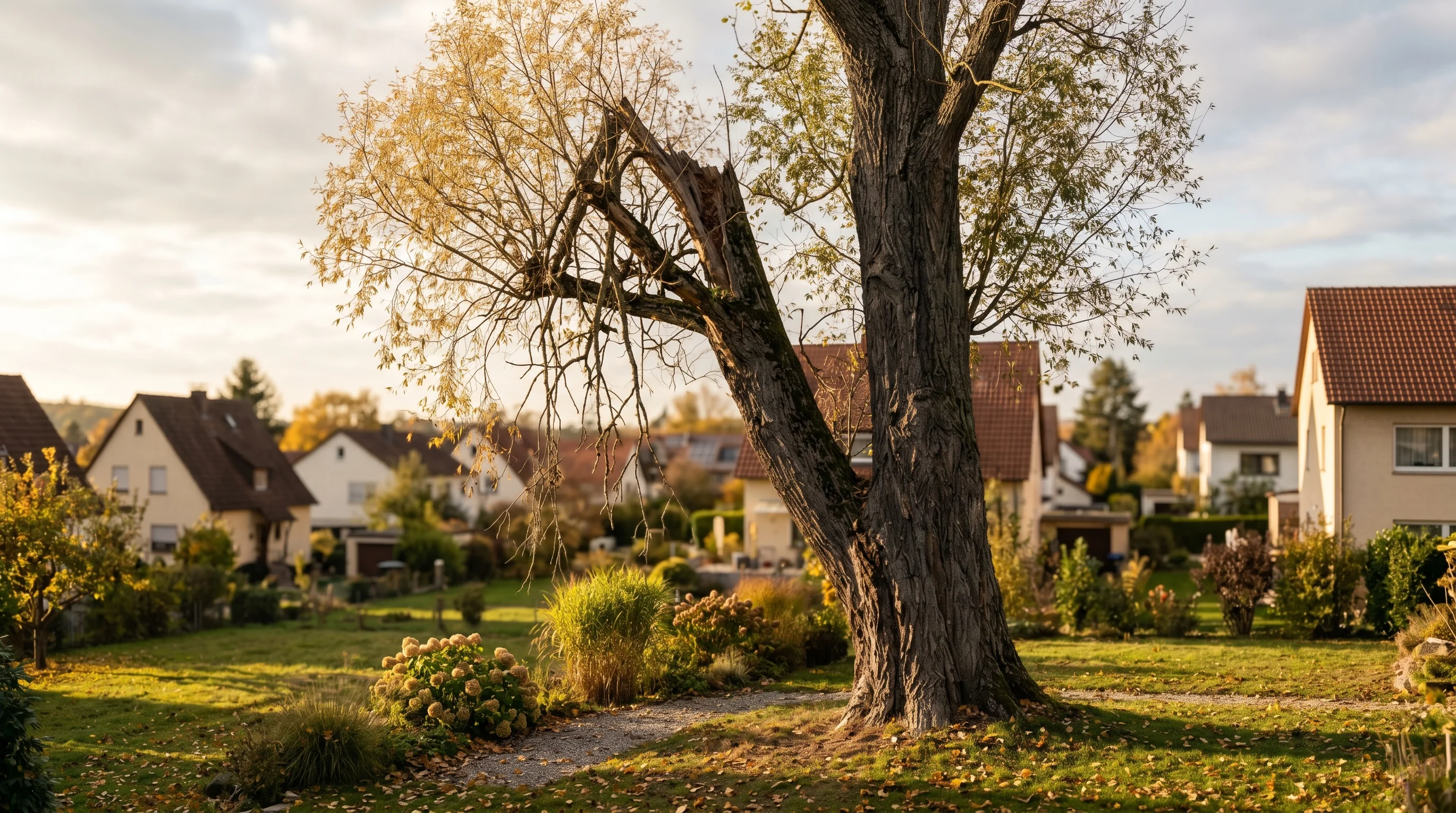 Gefahrenbaum im Garten – Laubbaum mit einseitiger ausdünnender Krone und Schiefwuchs in südwestdeutschem Garten