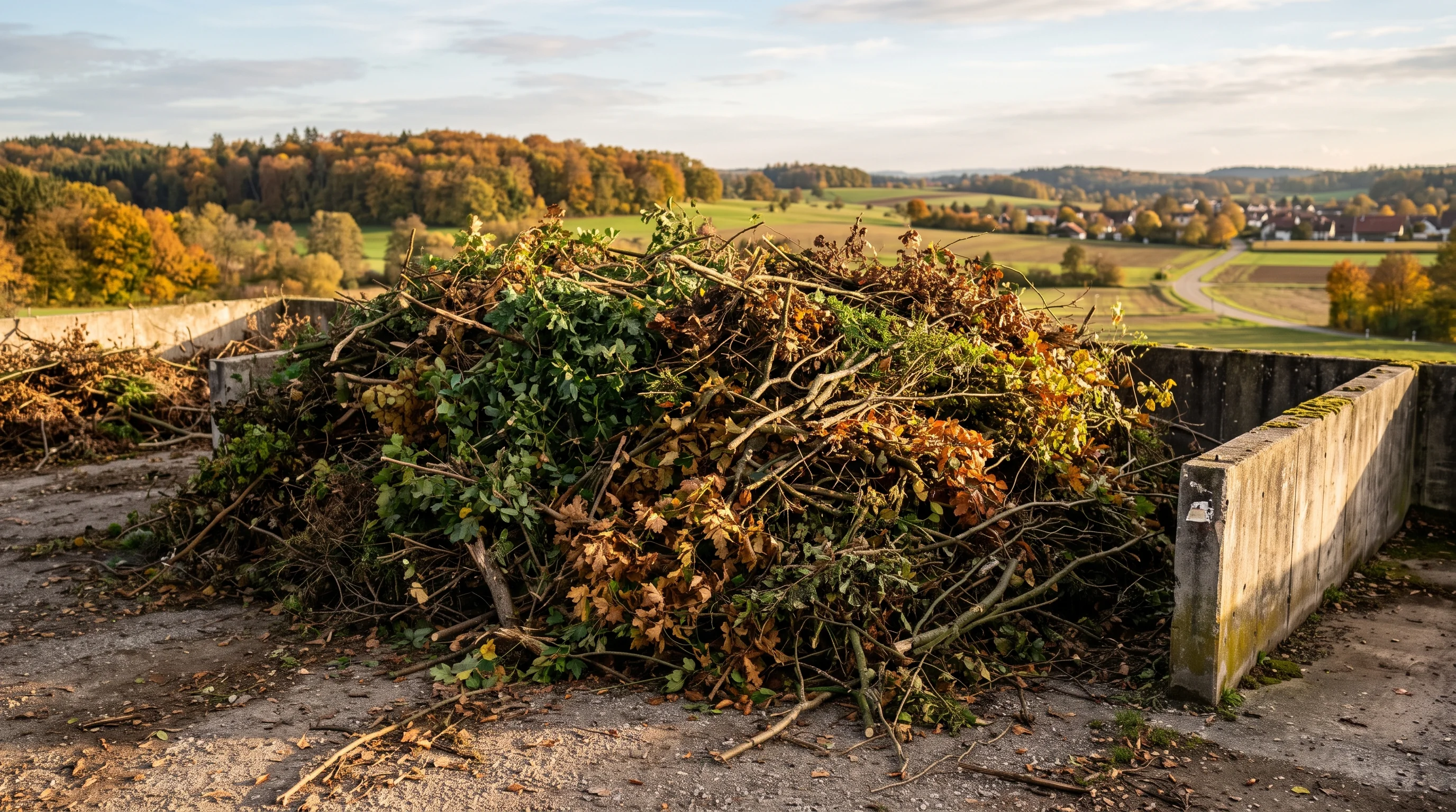 Grünschnitt entsorgen in Ulm: aufgeschichteter Baum- und Strauchschnitt auf einem Gartenabfallplatz im Herbstlicht