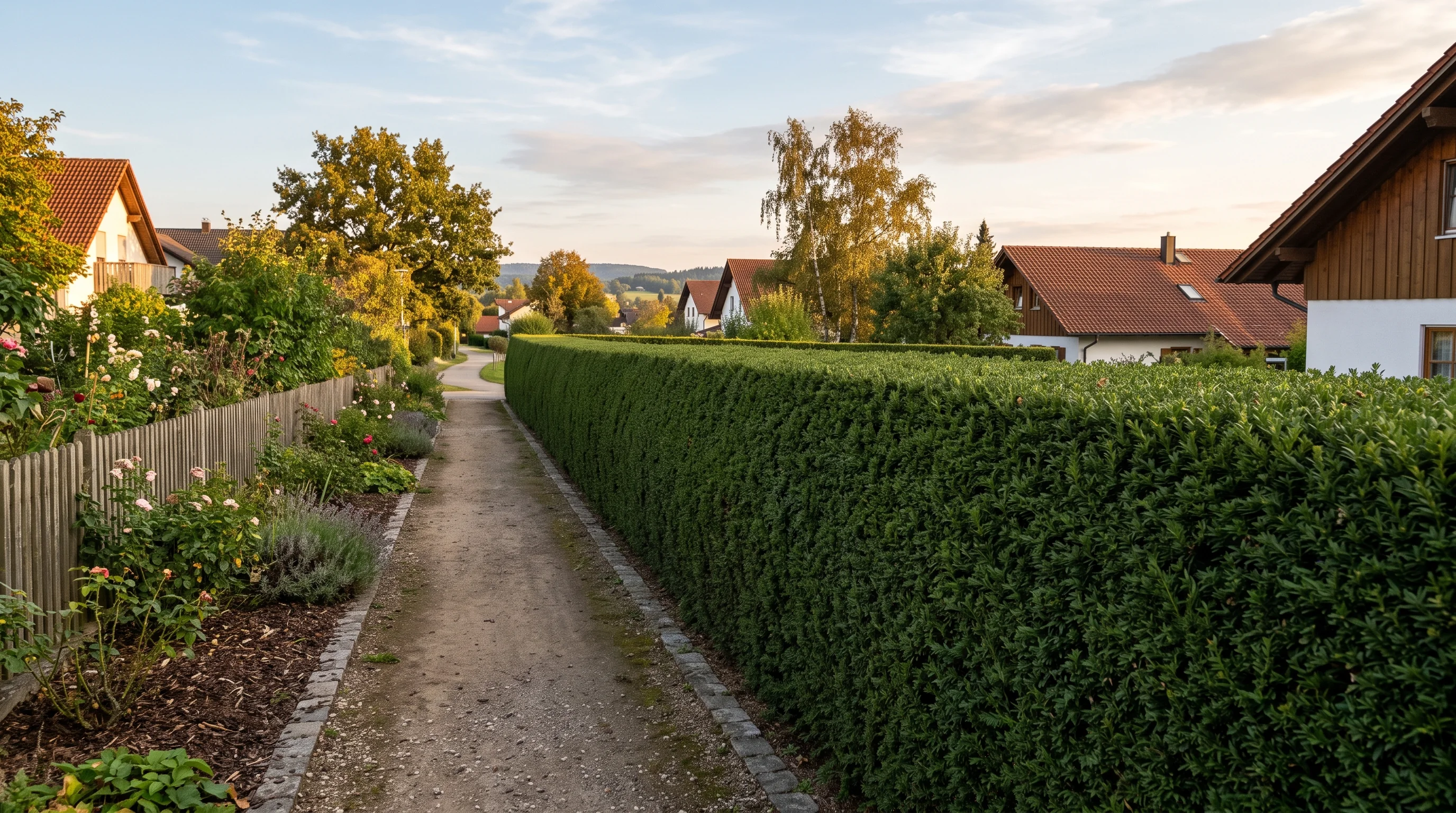 Frisch gepflanzte junge Hecke mit korrektem Abstand zur Grundstücksgrenze im Garten