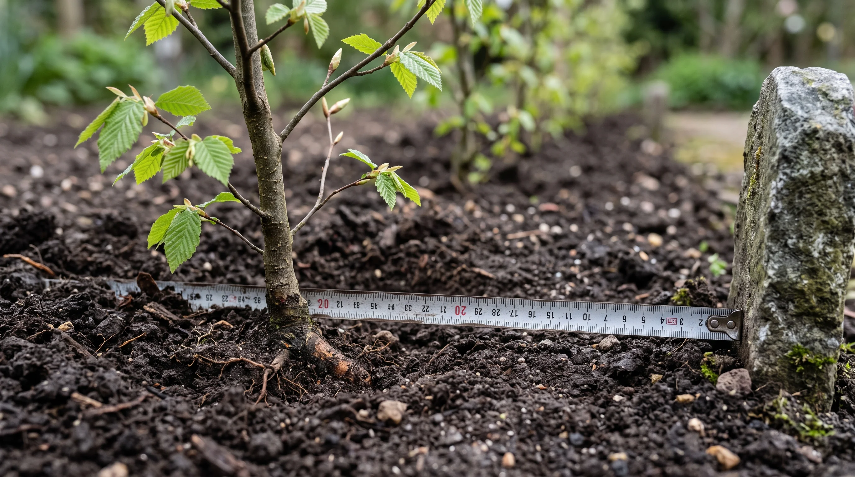 Frisch gepflanzte Hecke mit korrektem Abstand zur Grundstücksgrenze